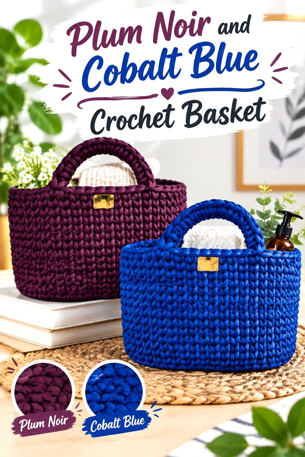 8. Plum Noir And Cobalt Blue Crochet Basket