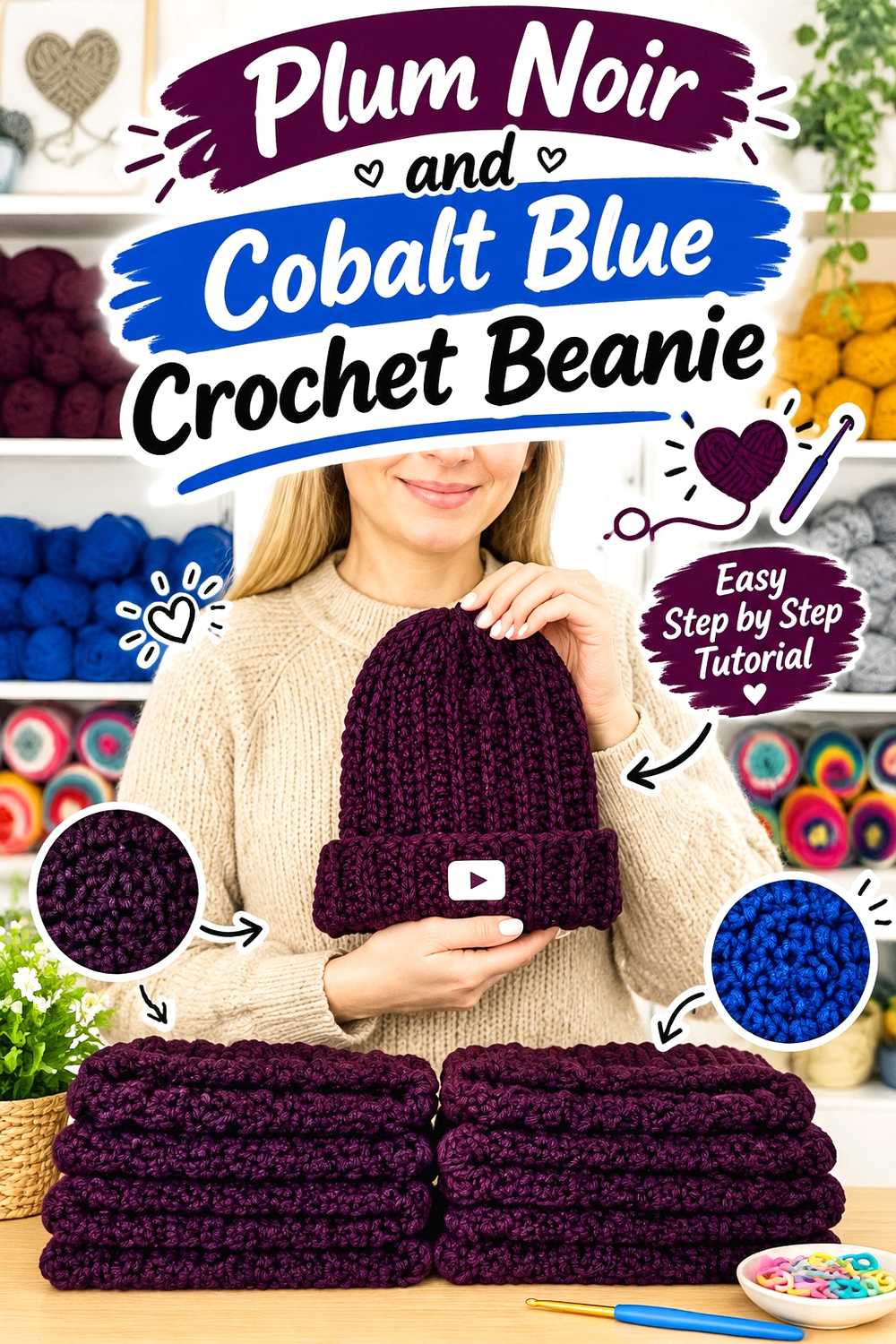 6. Plum Noir And Cobalt Blue Crochet Beanie