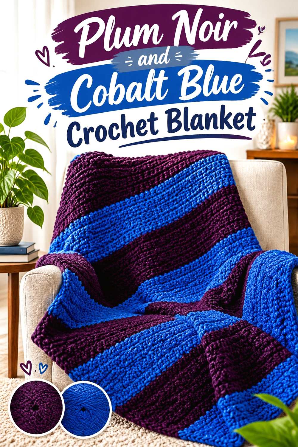 1. Plum Noir And Cobalt Blue Crochet Blanket