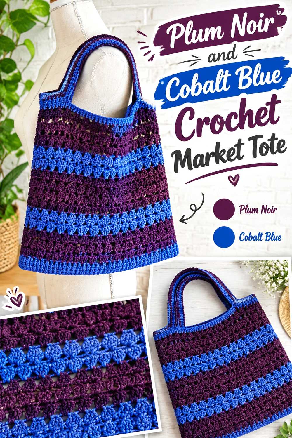 4. Plum Noir And Cobalt Blue Crochet Market Tote