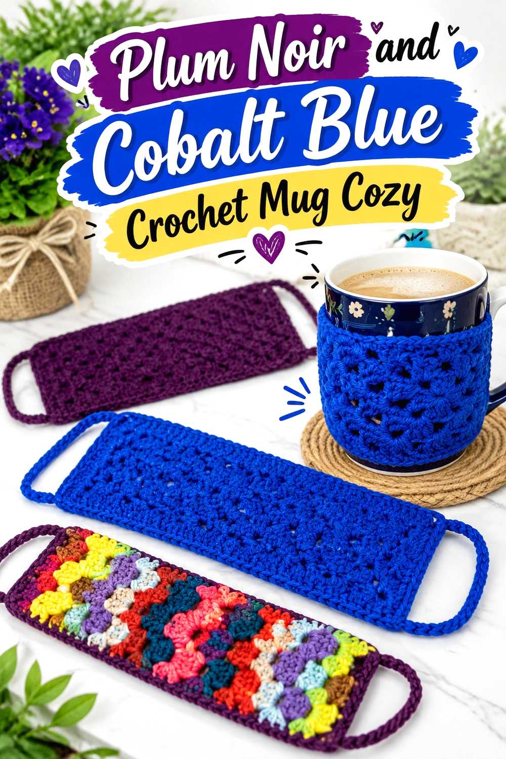 12. Plum Noir And Cobalt Blue Crochet Mug Cozy