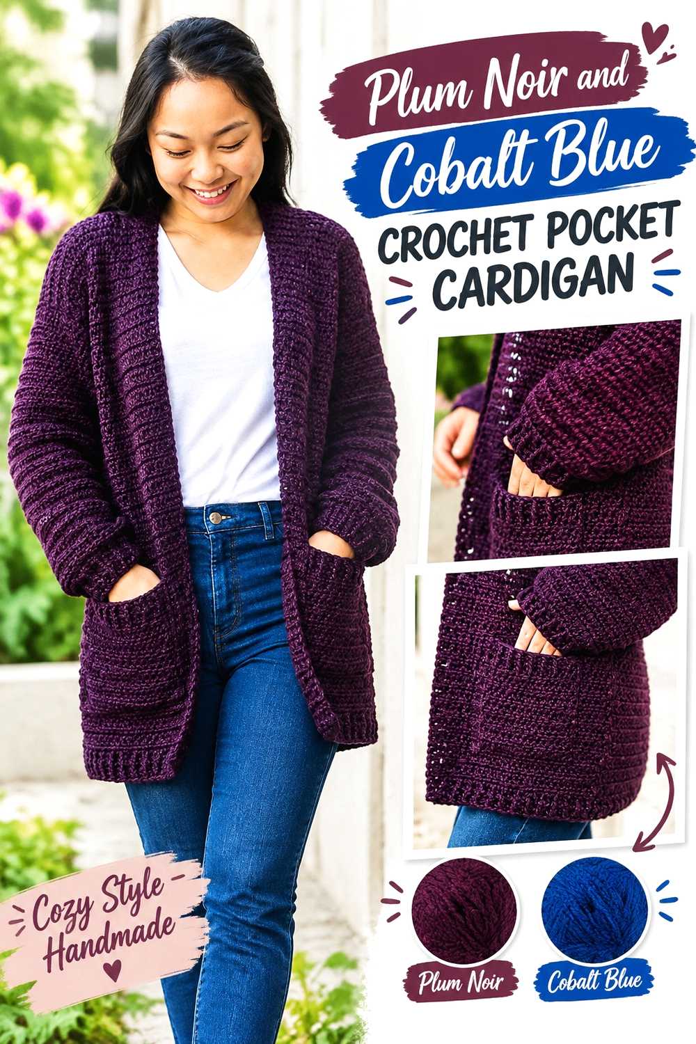 2. Plum Noir And Cobalt Blue Crochet Pocket Cardigan