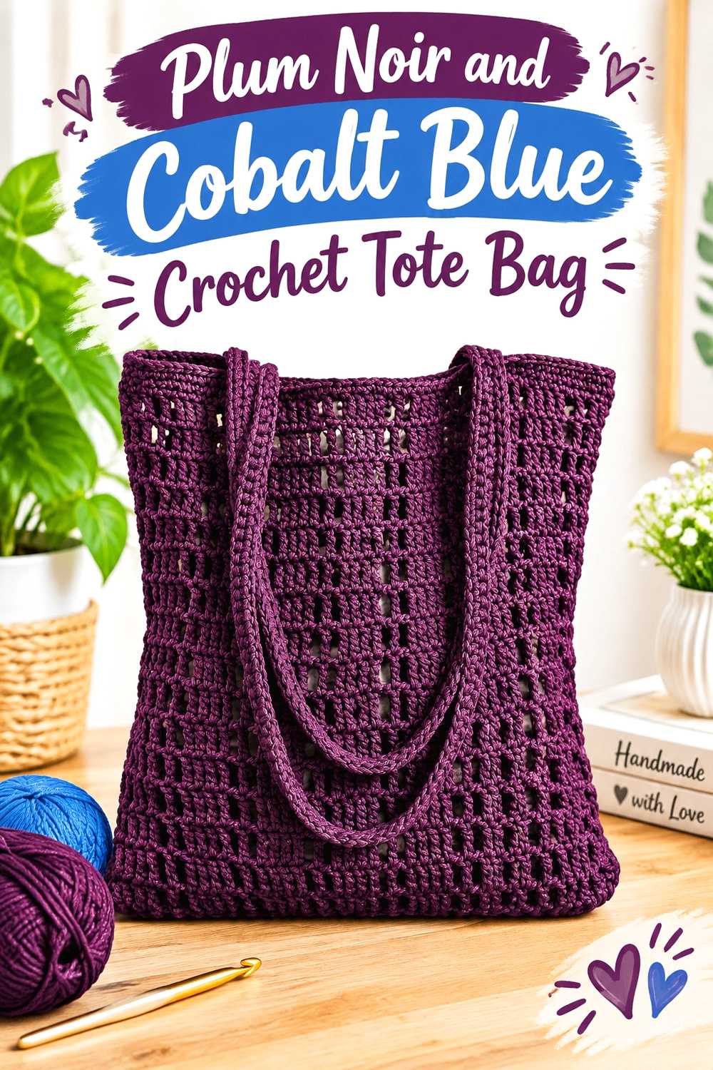 10. Plum Noir And Cobalt Blue Crochet Tote Bag