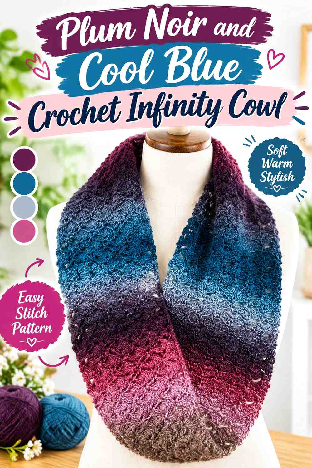 14. Plum Noir And Cool Blue Crochet Infinity Cowl