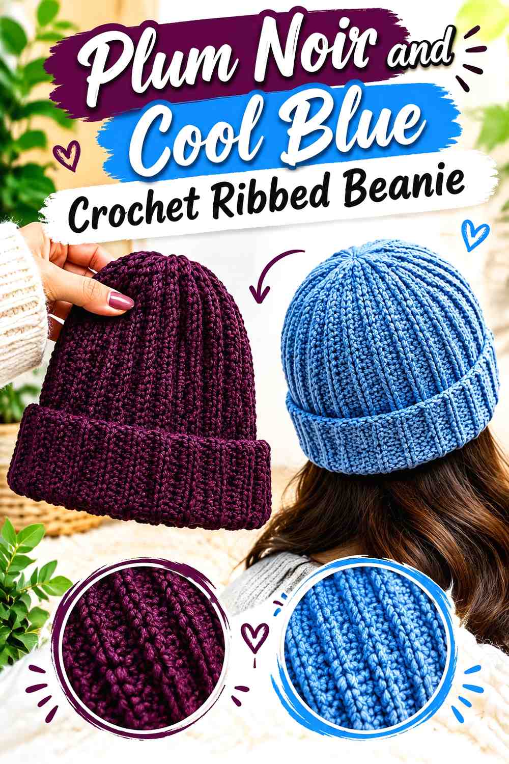 5. Plum Noir And Cool Blue Crochet Ribbed Beanie