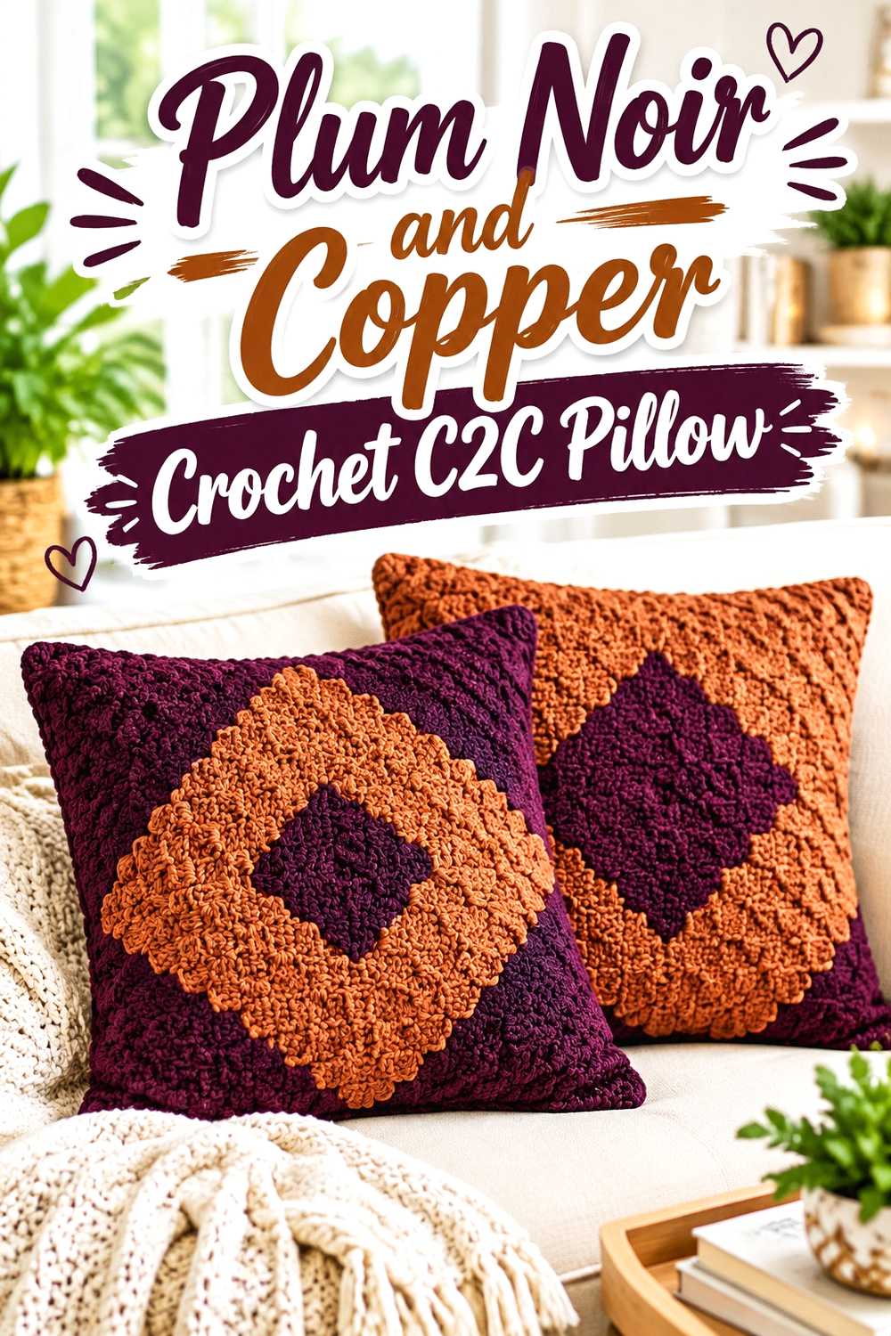 10. Plum Noir And Copper Crochet C2c Pillow