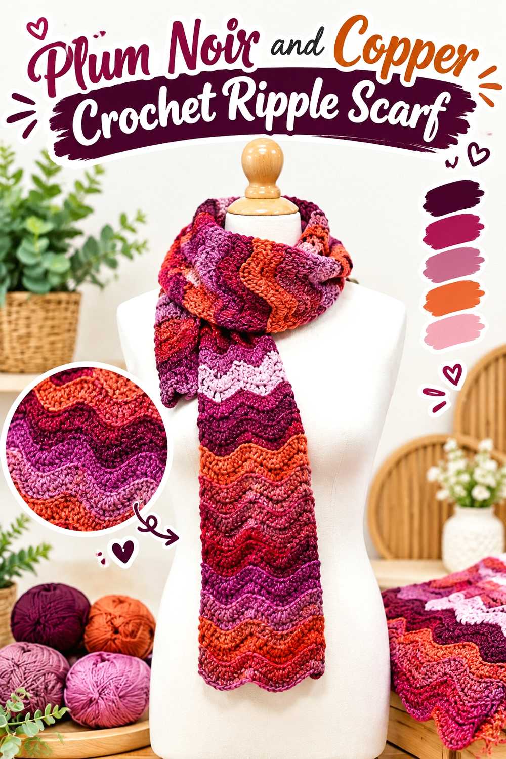 8. Plum Noir And Copper Crochet Ripple Scarf
