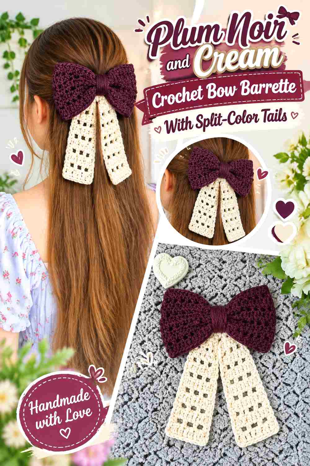 11. Plum Noir And Cream Crochet Bow Barrette With Split Color Tails