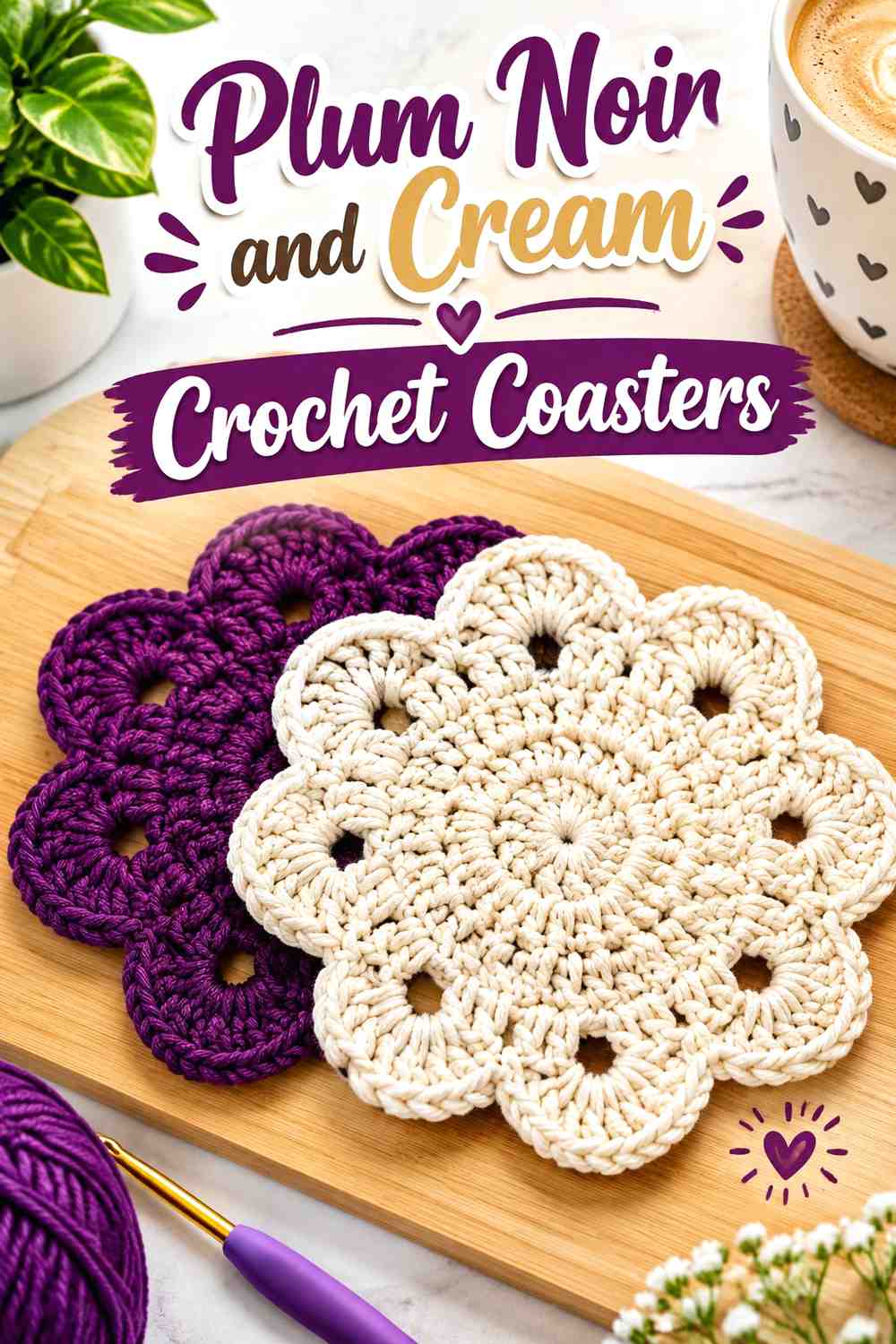12. Plum Noir And Cream Crochet Coasters