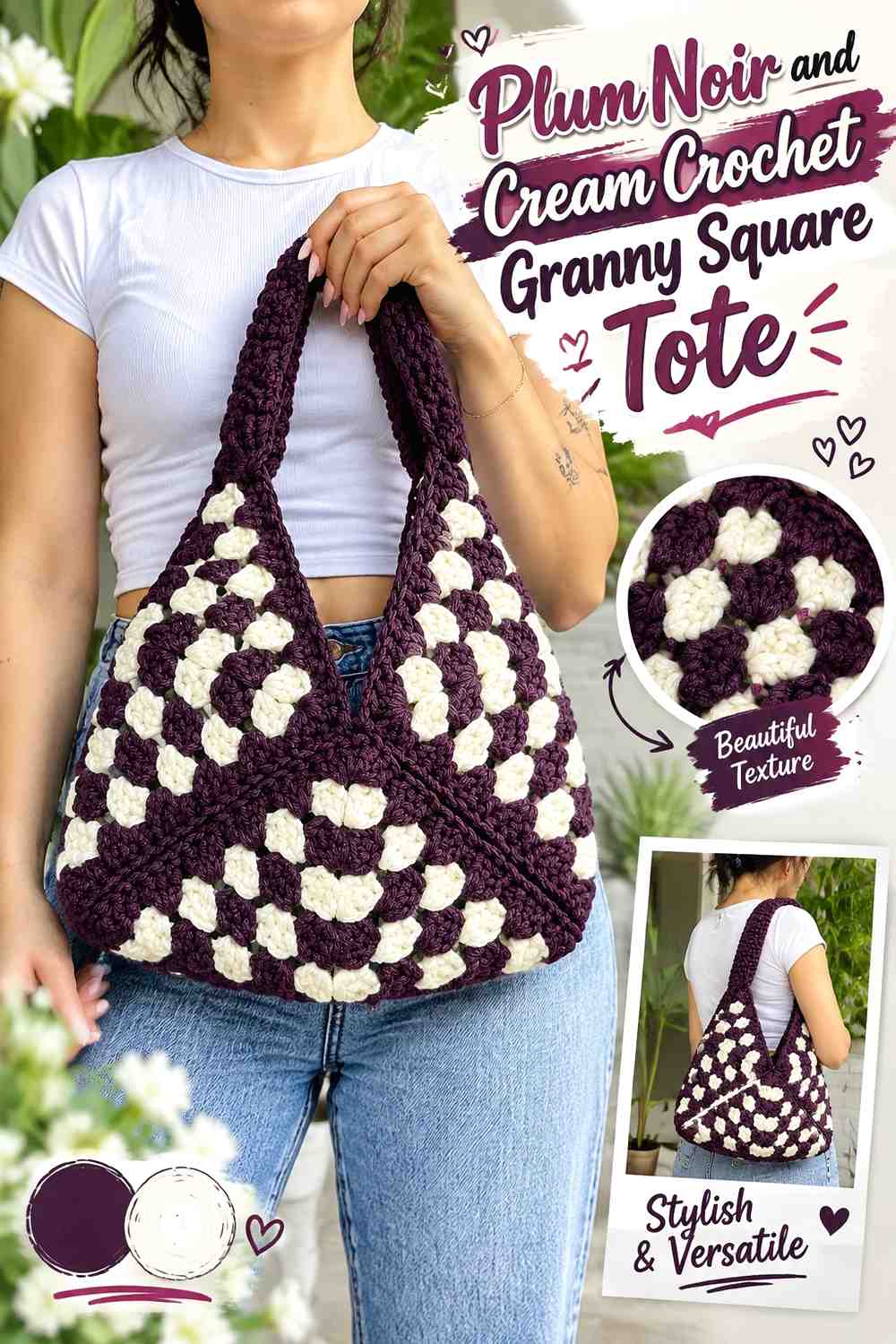3. Plum Noir And Cream Crochet Granny Square Tote