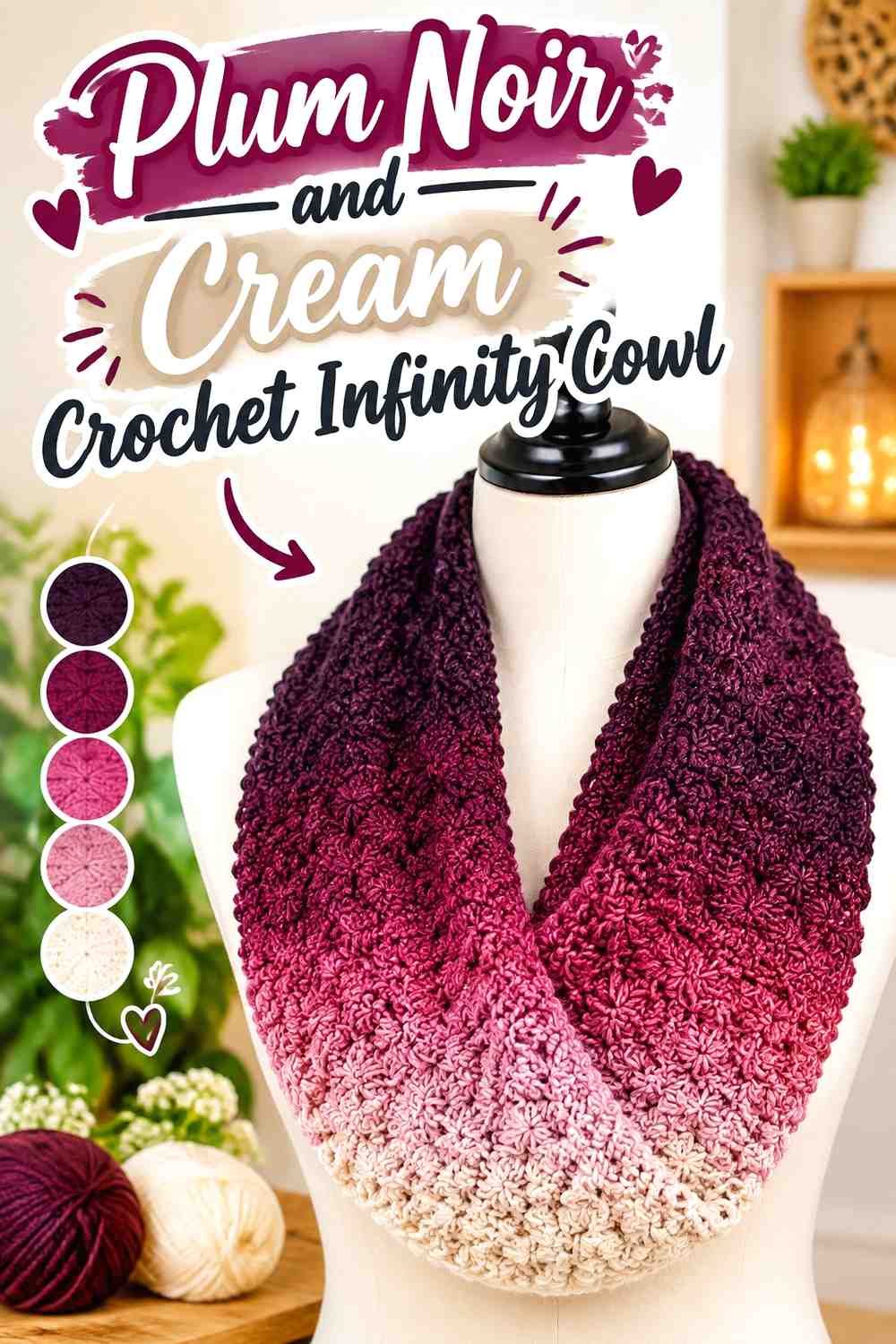 14. Plum Noir And Cream Crochet Infinity Cowl