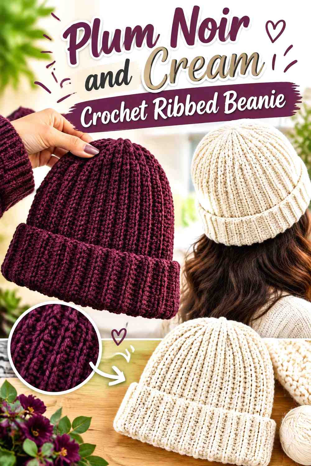 5. Plum Noir And Cream Crochet Ribbed Beanie