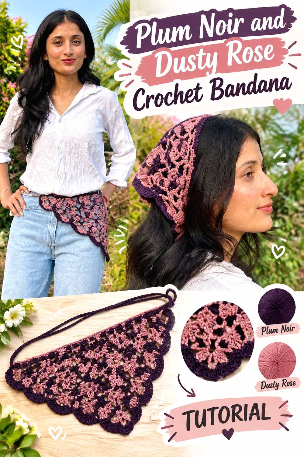 19. Plum Noir And Dusty Rose Crochet Bandana