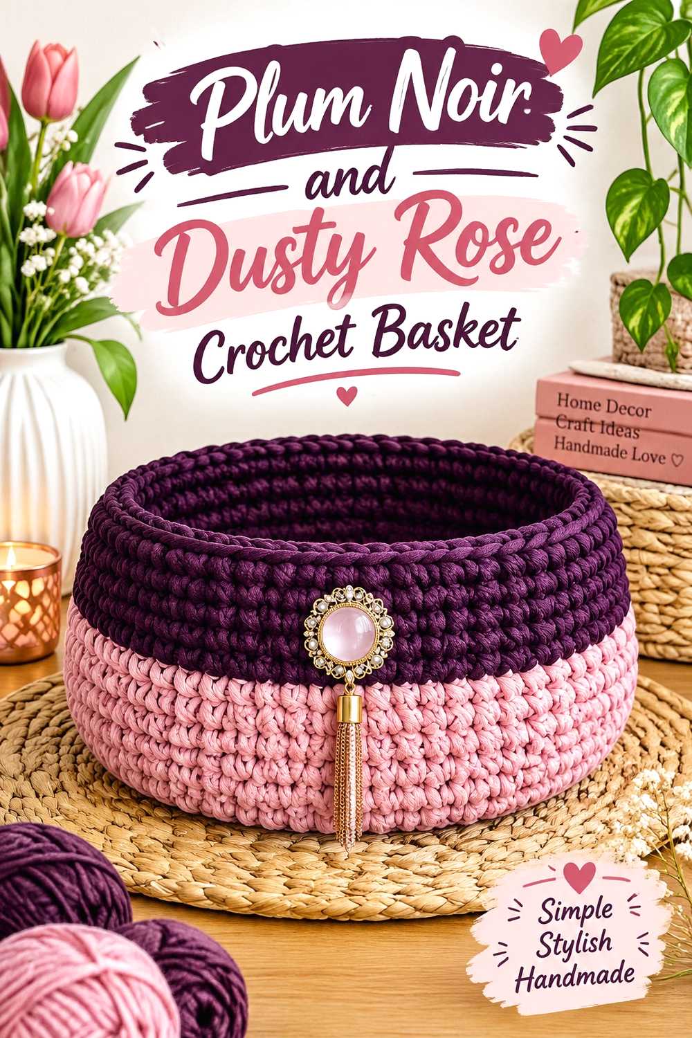 7. Plum Noir And Dusty Rose Crochet Basket
