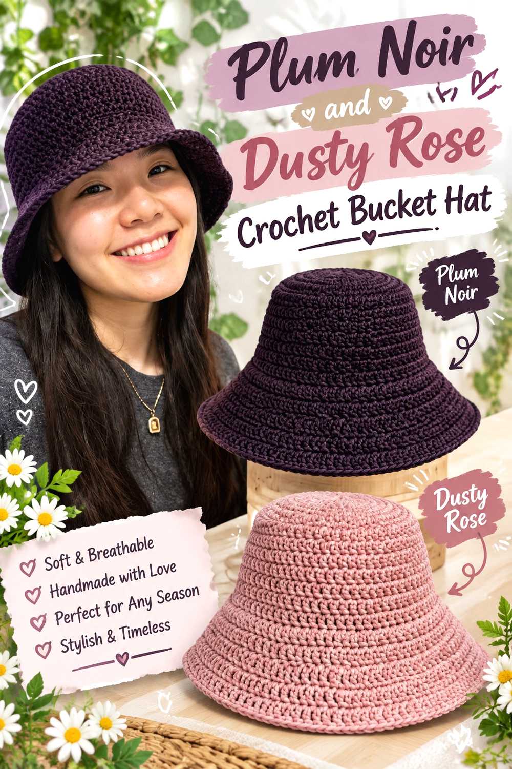 3. Plum Noir And Dusty Rose Crochet Bucket Hat