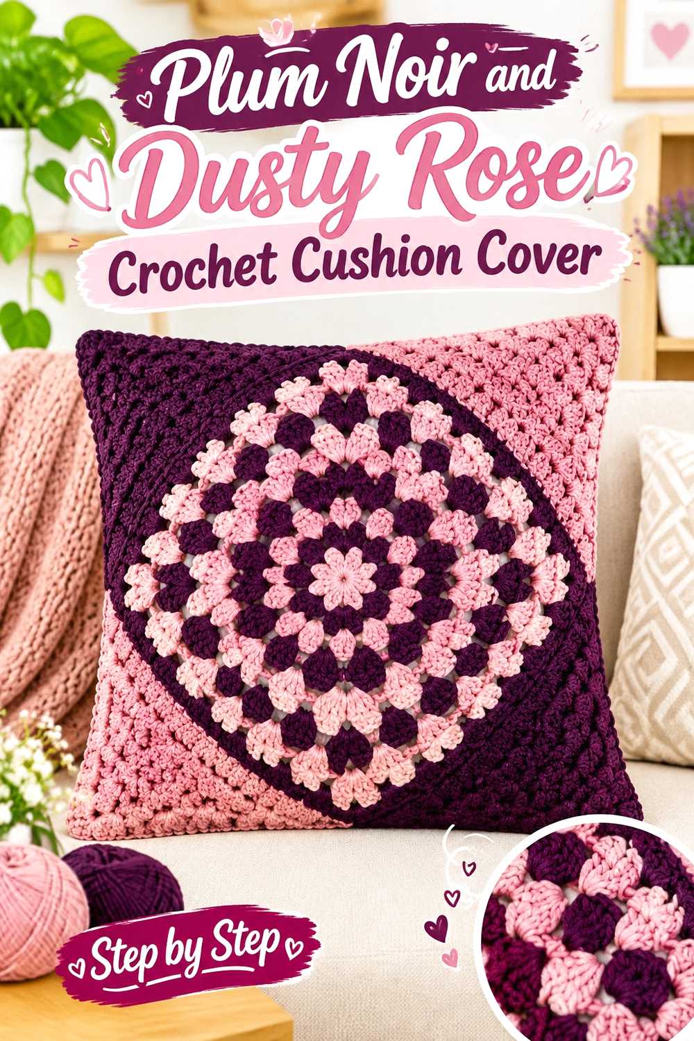 11. Plum Noir And Dusty Rose Crochet Cushion Cover