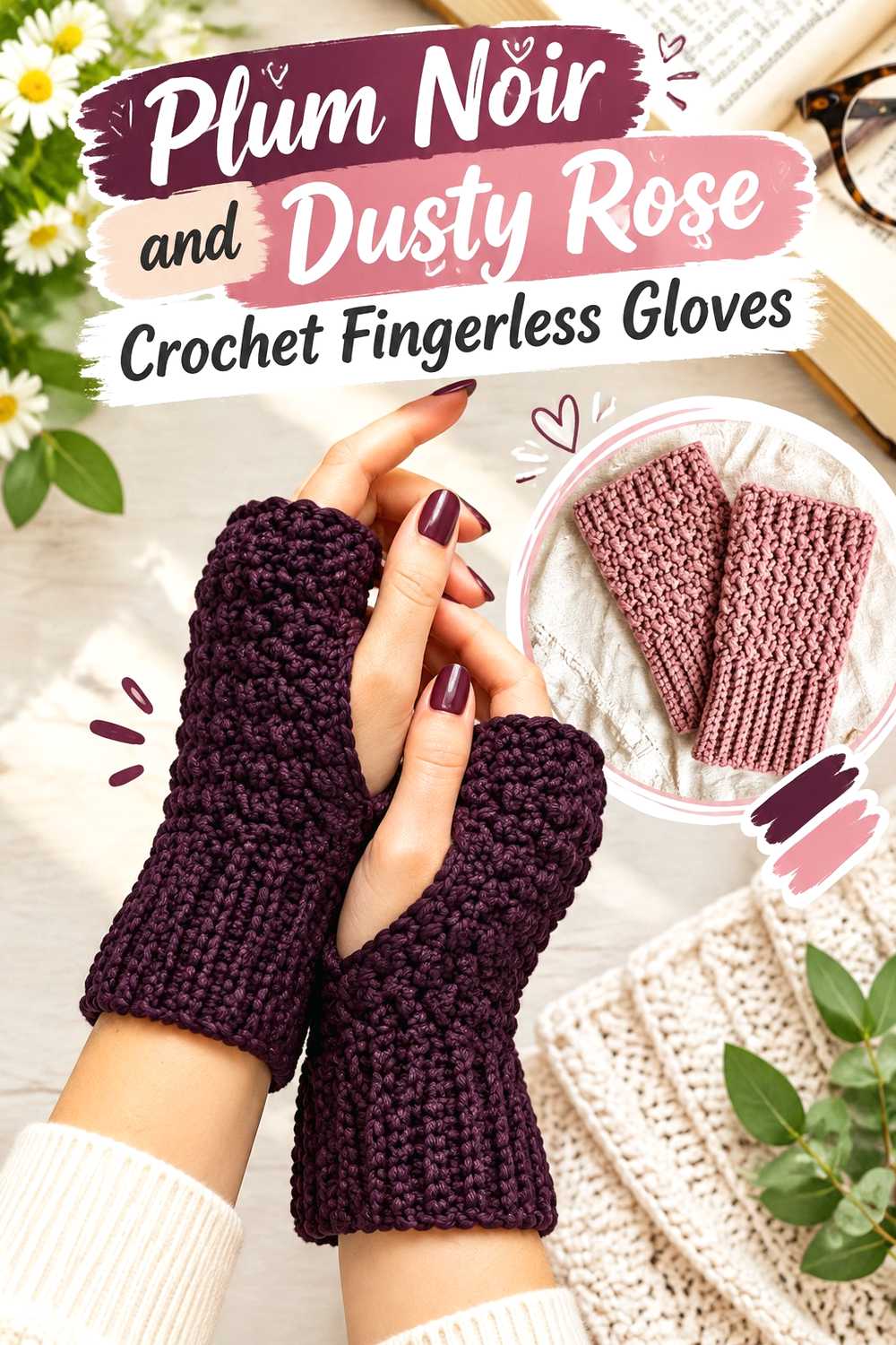 15. Plum Noir And Dusty Rose Crochet Fingerless Gloves