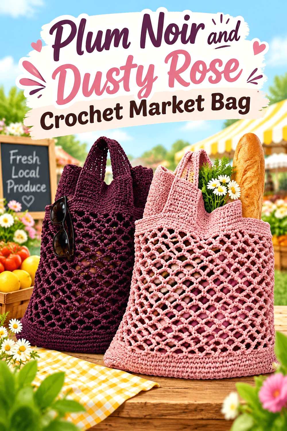 13. Plum Noir And Dusty Rose Crochet Market Bag
