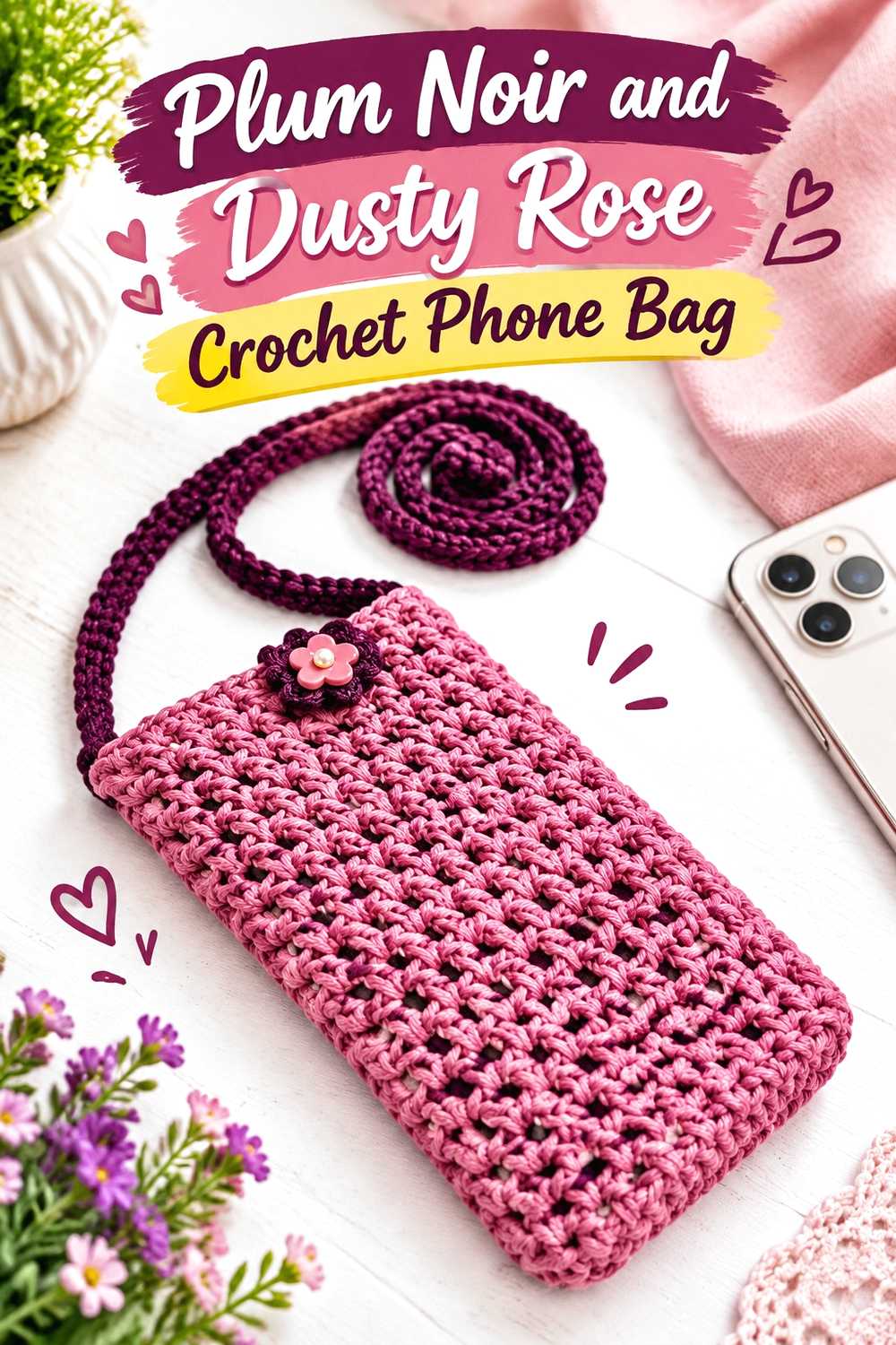 17. Plum Noir And Dusty Rose Crochet Phone Bag