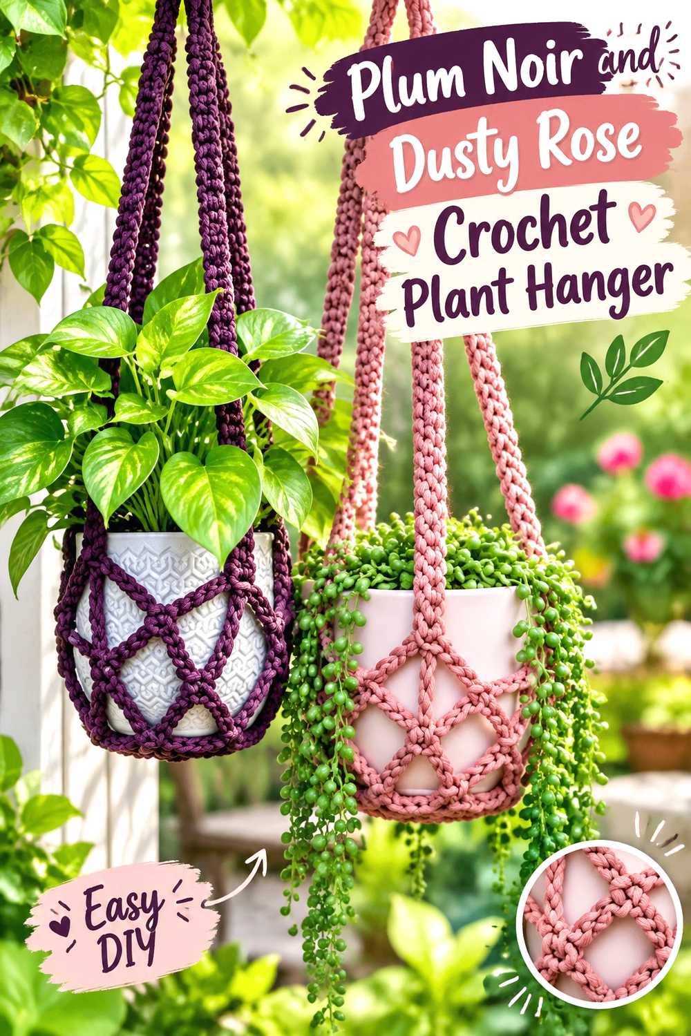 9. Plum Noir And Dusty Rose Crochet Plant Hanger