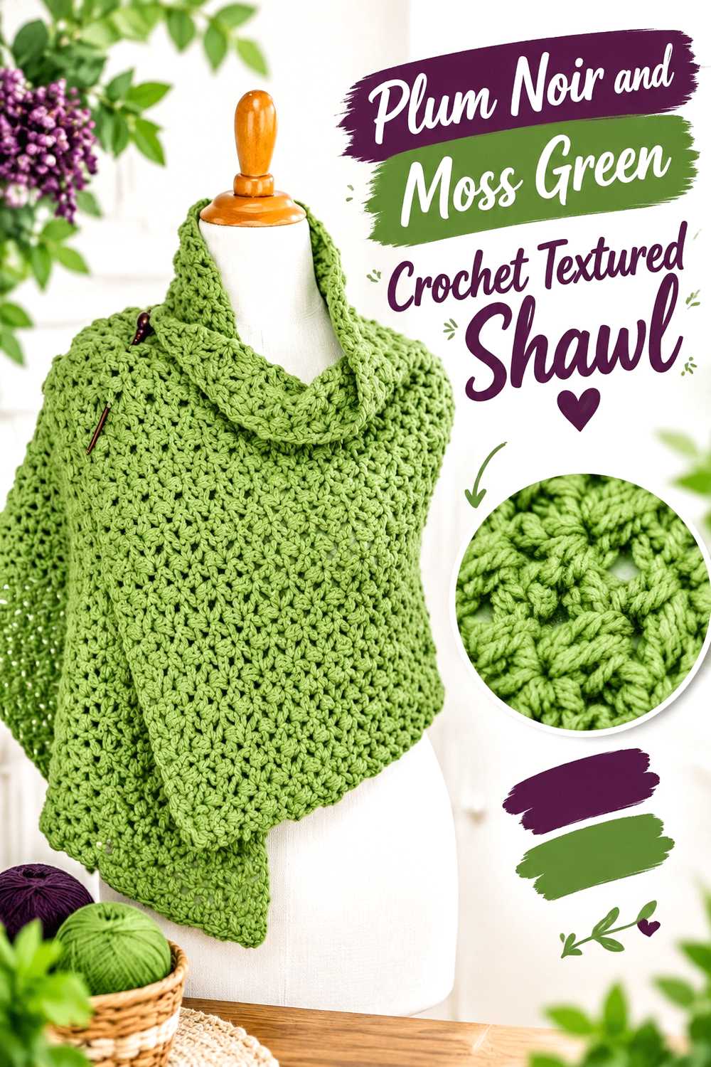 9. Plum Noir And Moss Green Crochet Textured Shawl