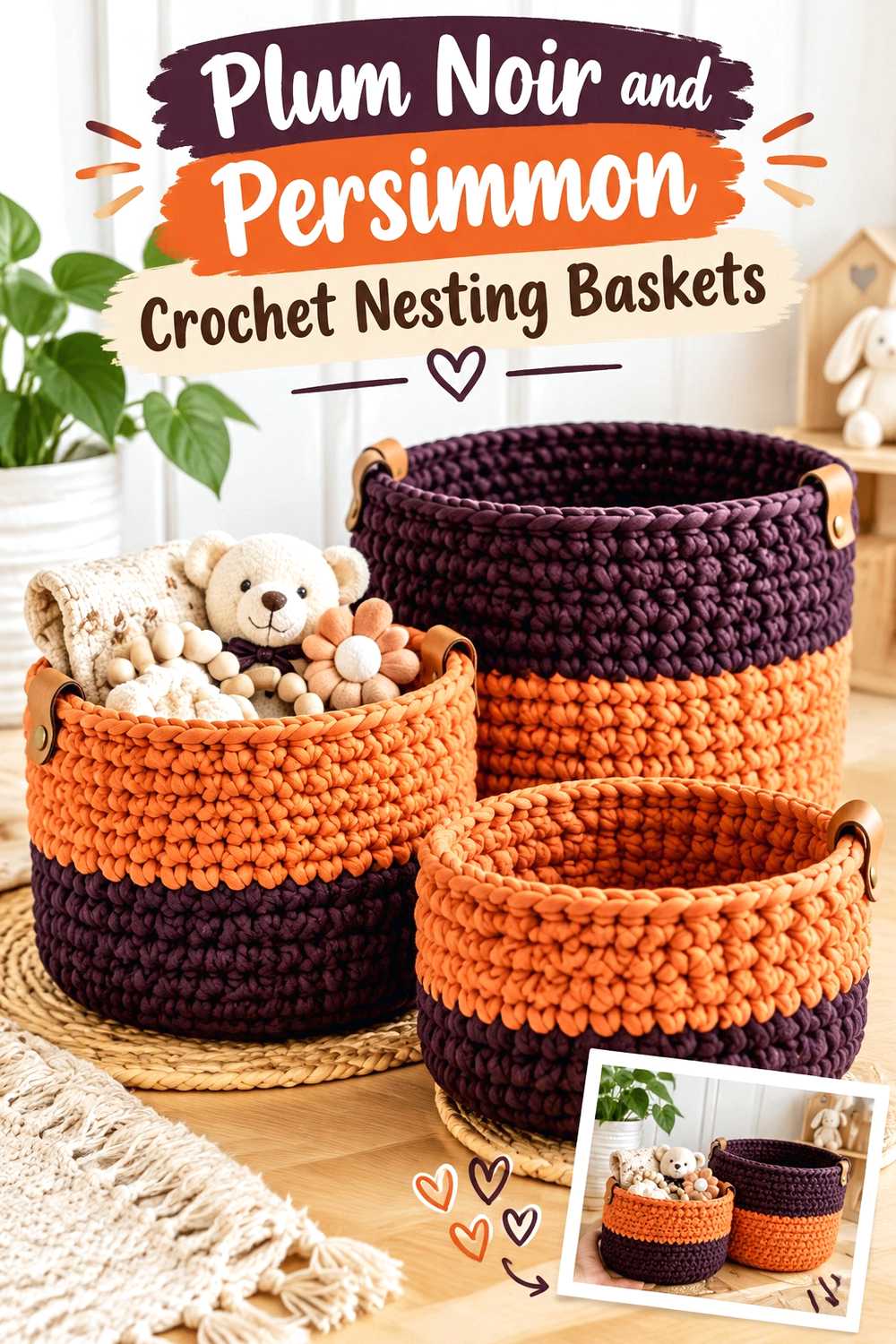 15. Plum Noir And Persimmon Crochet Nesting Baskets