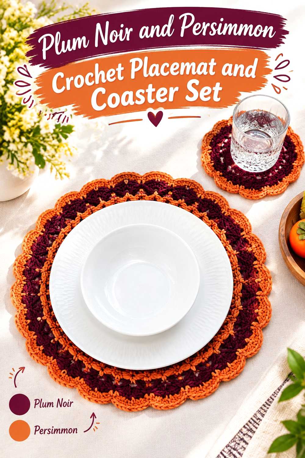 13. Plum Noir And Persimmon Crochet Placemat And Coaster Set