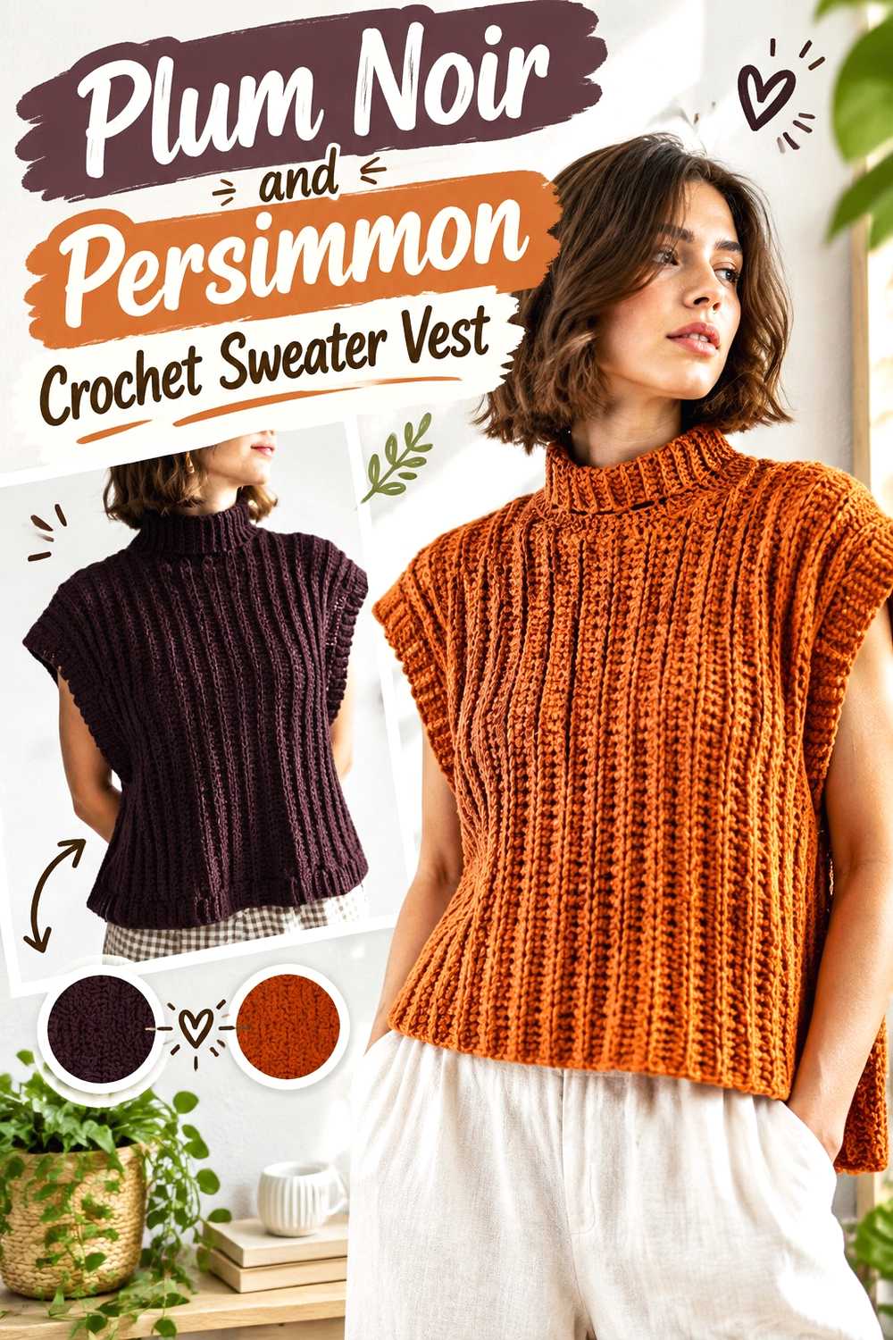 5. Plum Noir And Persimmon Crochet Sweater Vest