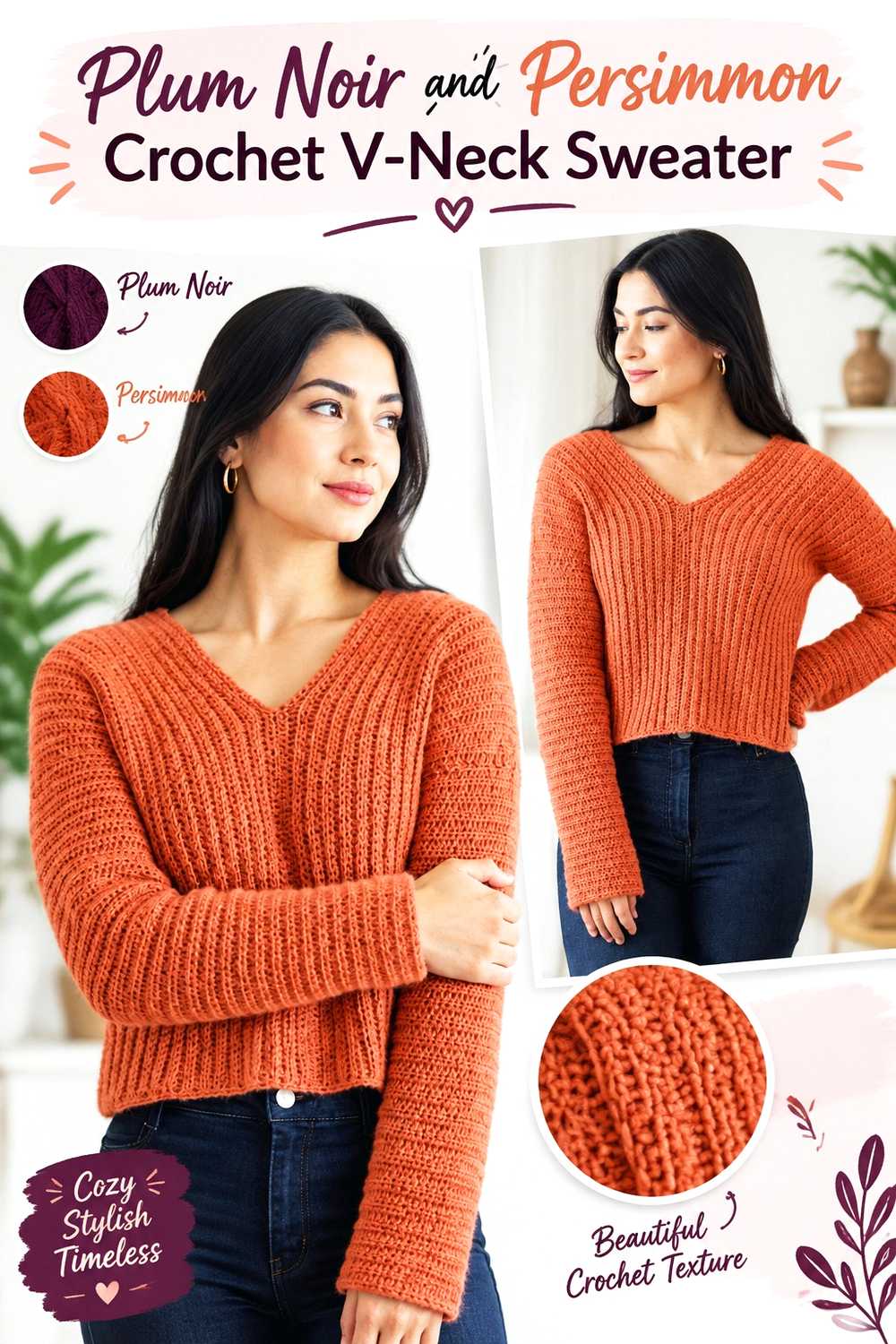 9. Plum Noir And Persimmon Crochet V Neck Sweater