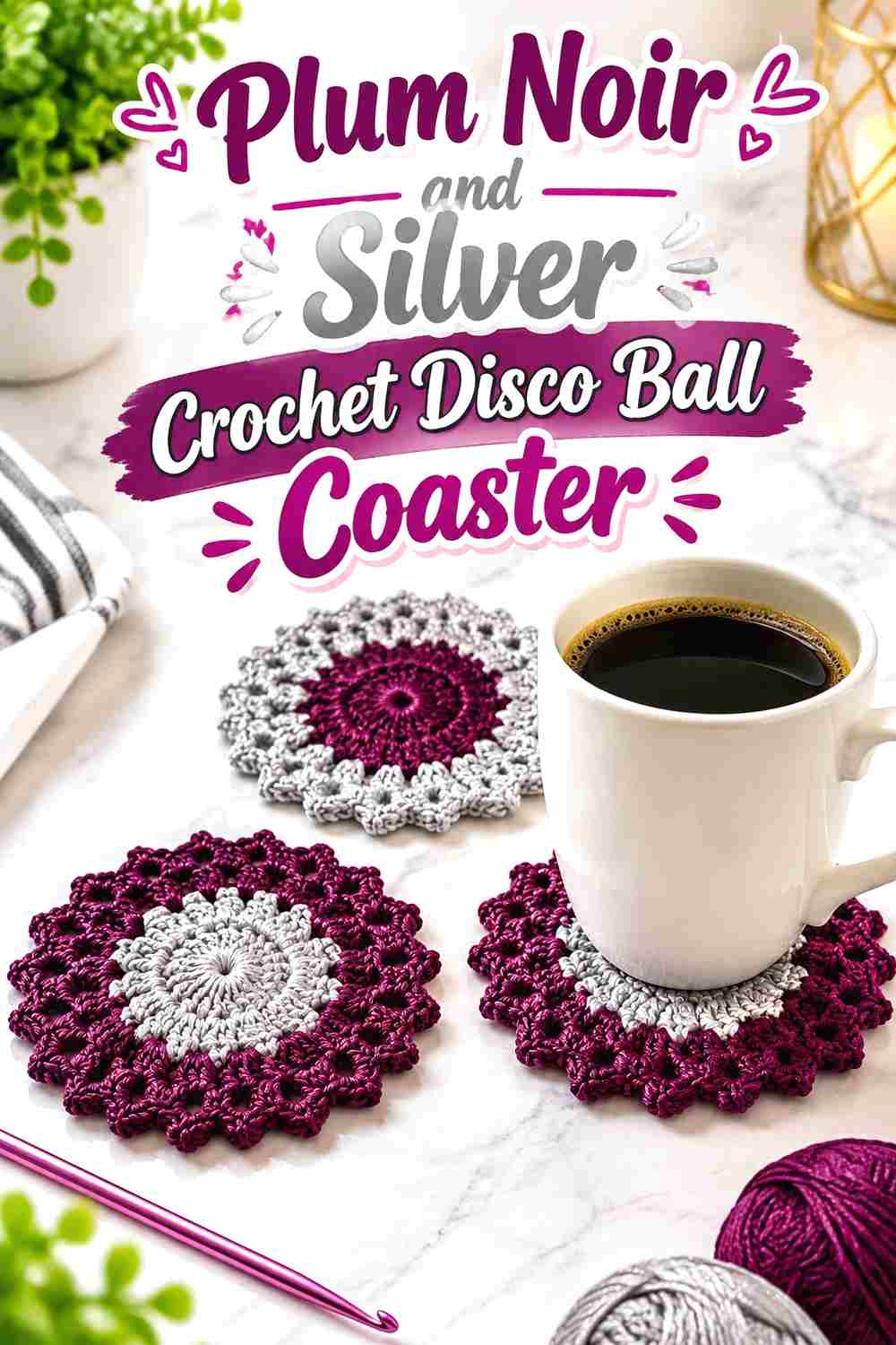 1. Plum Noir And Silver Crochet Disco Ball Coaster