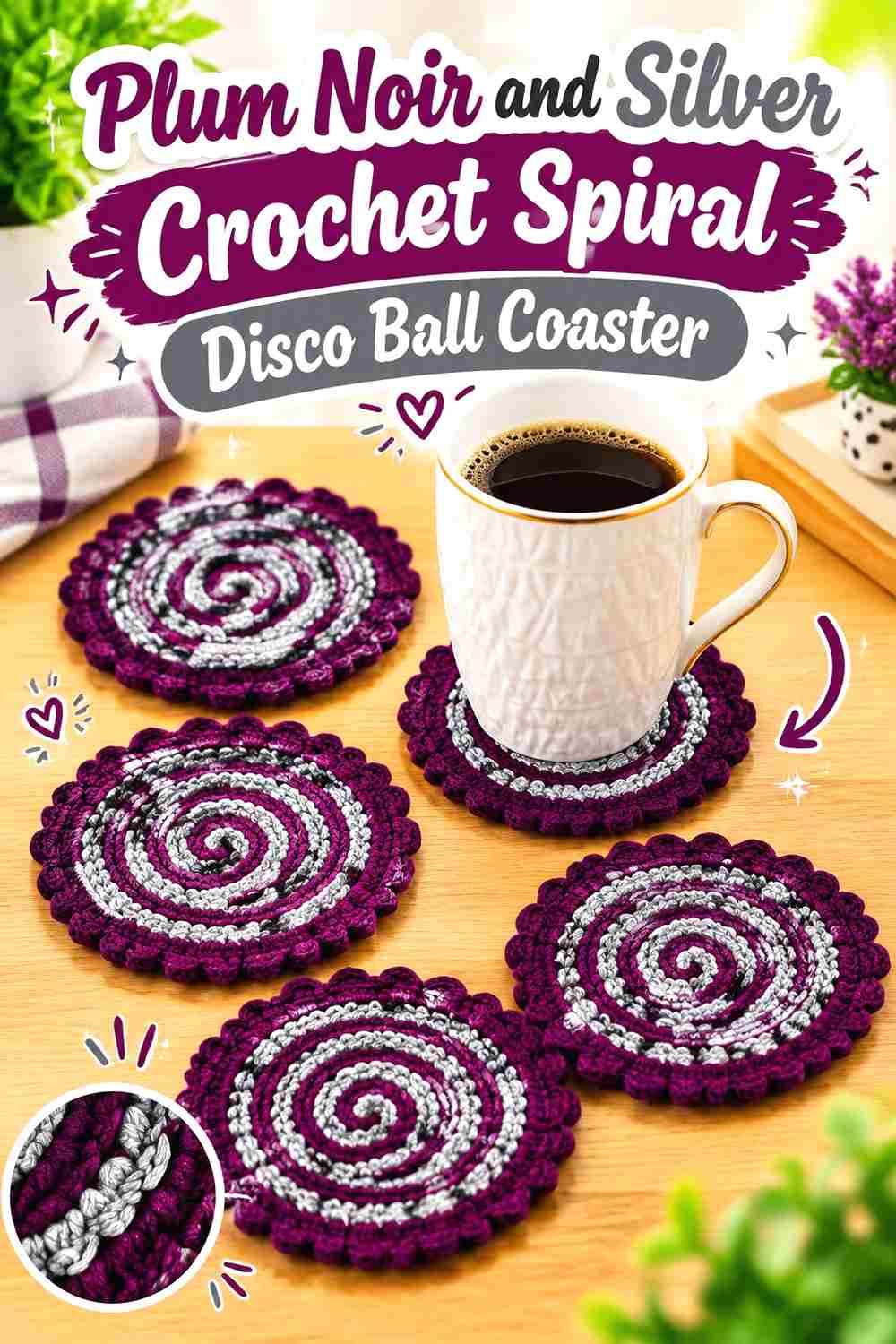 8. Plum Noir And Silver Crochet Spiral Disco Ball Coaster