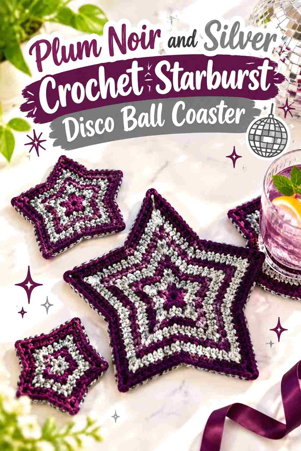 9. Plum Noir And Silver Crochet Starburst Disco Ball Coaster