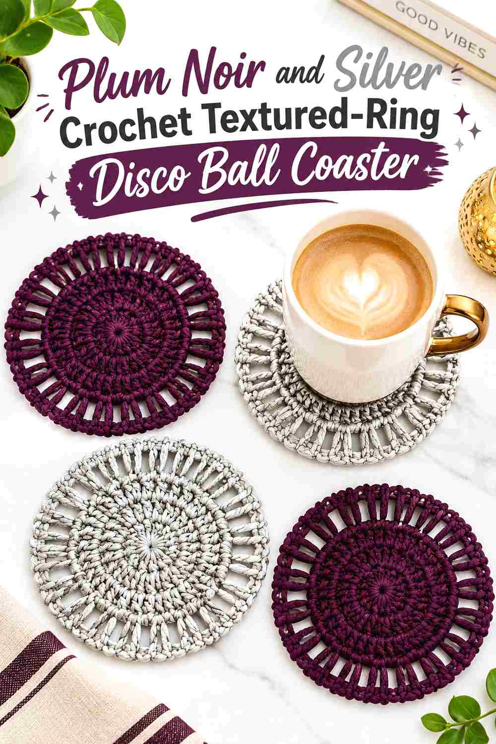 11. Plum Noir And Silver Crochet Textured Ring Disco Ball Coaster