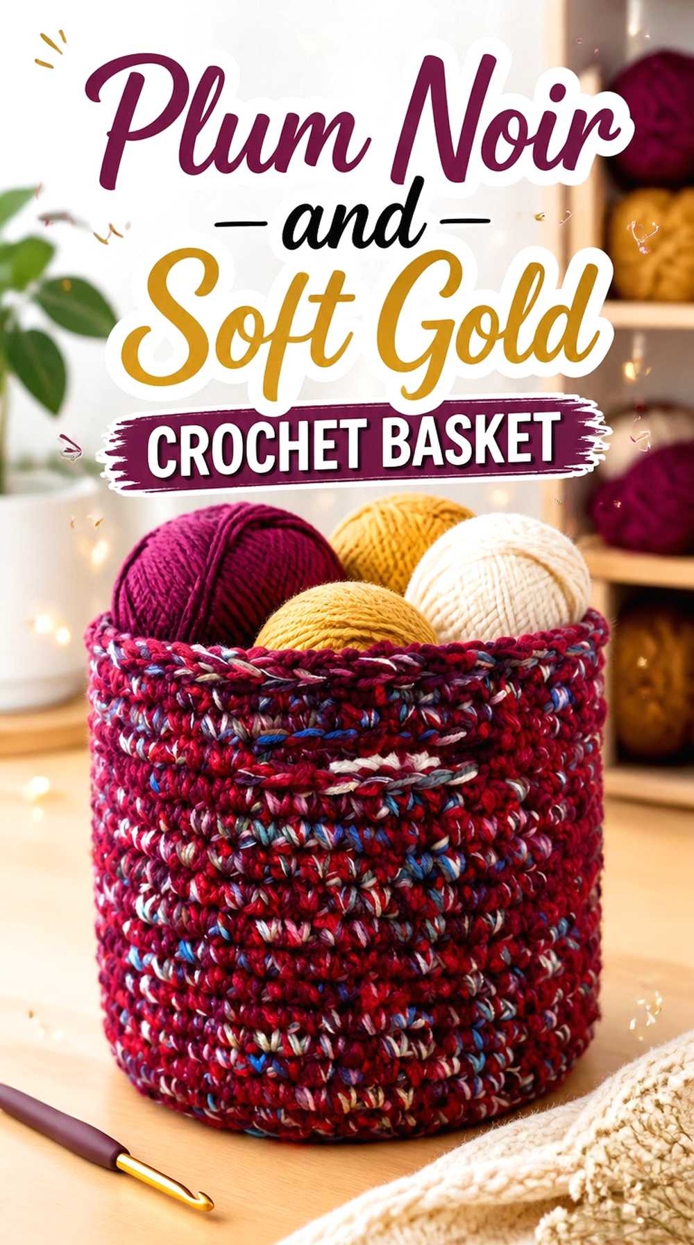 8. Plum Noir And Soft Gold Crochet Basket