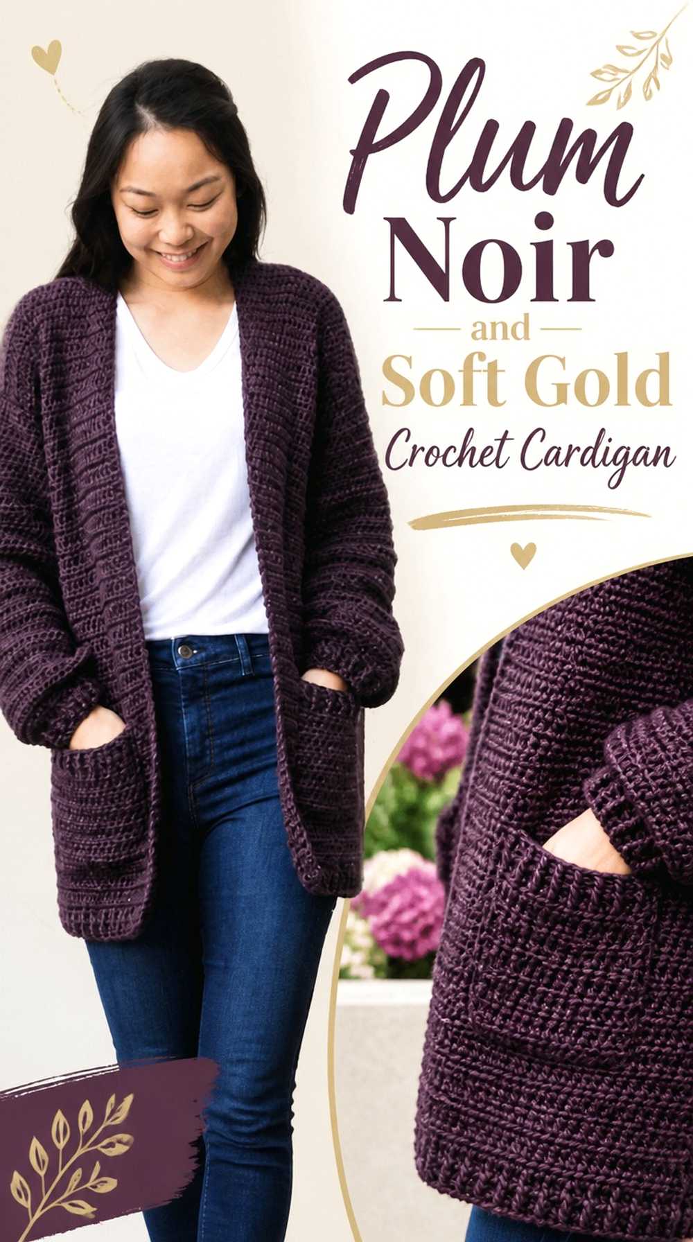 2. Plum Noir And Soft Gold Crochet Cardigan