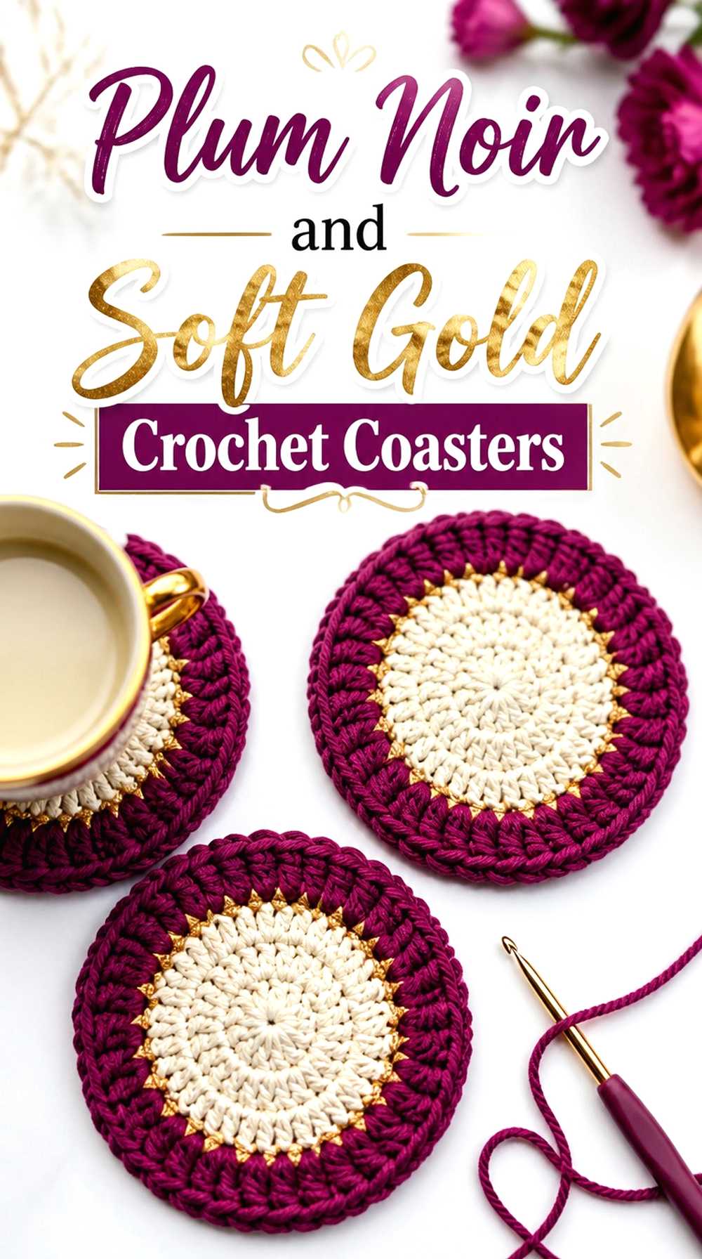 13. Plum Noir And Soft Gold Crochet Coasters