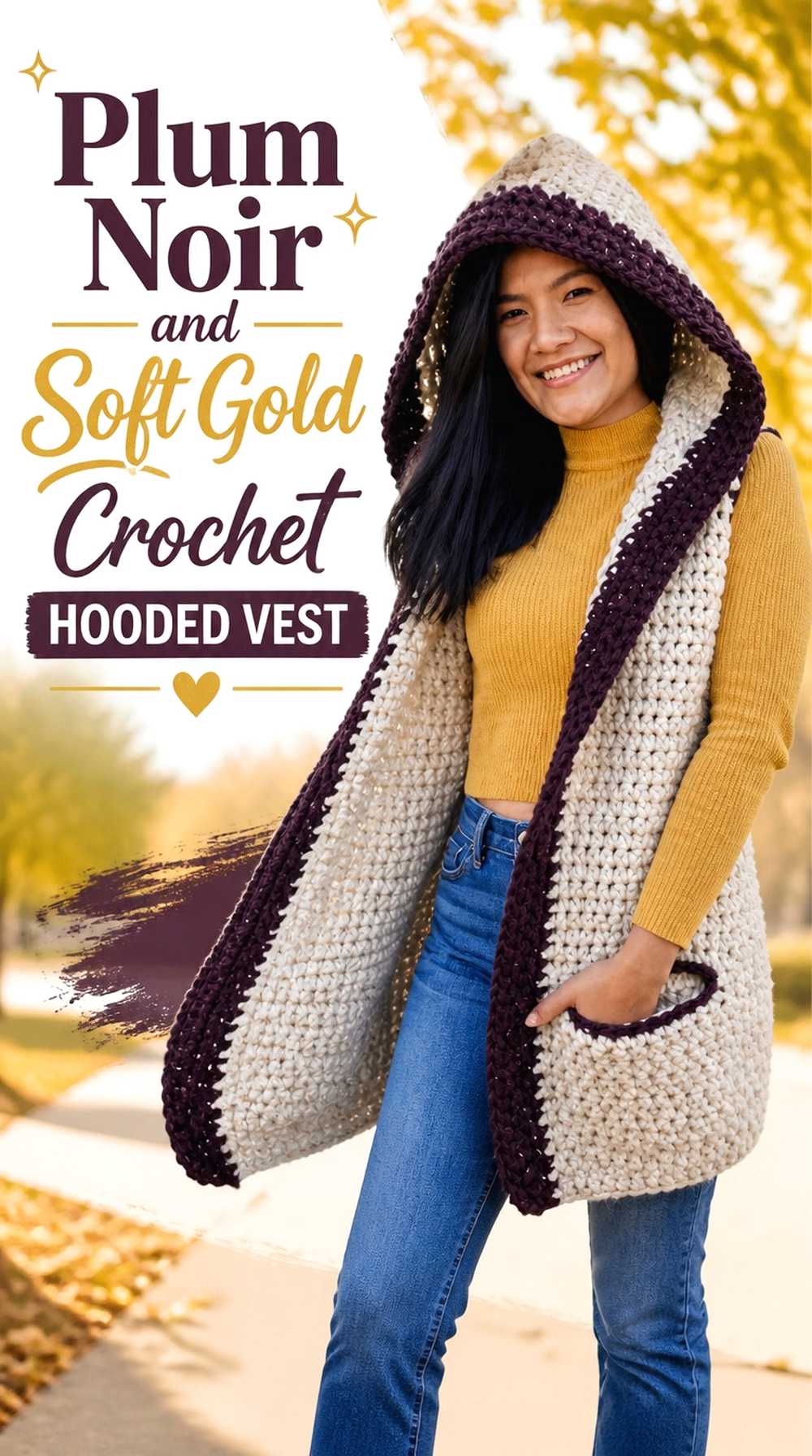 14. Plum Noir And Soft Gold Crochet Hooded Vest