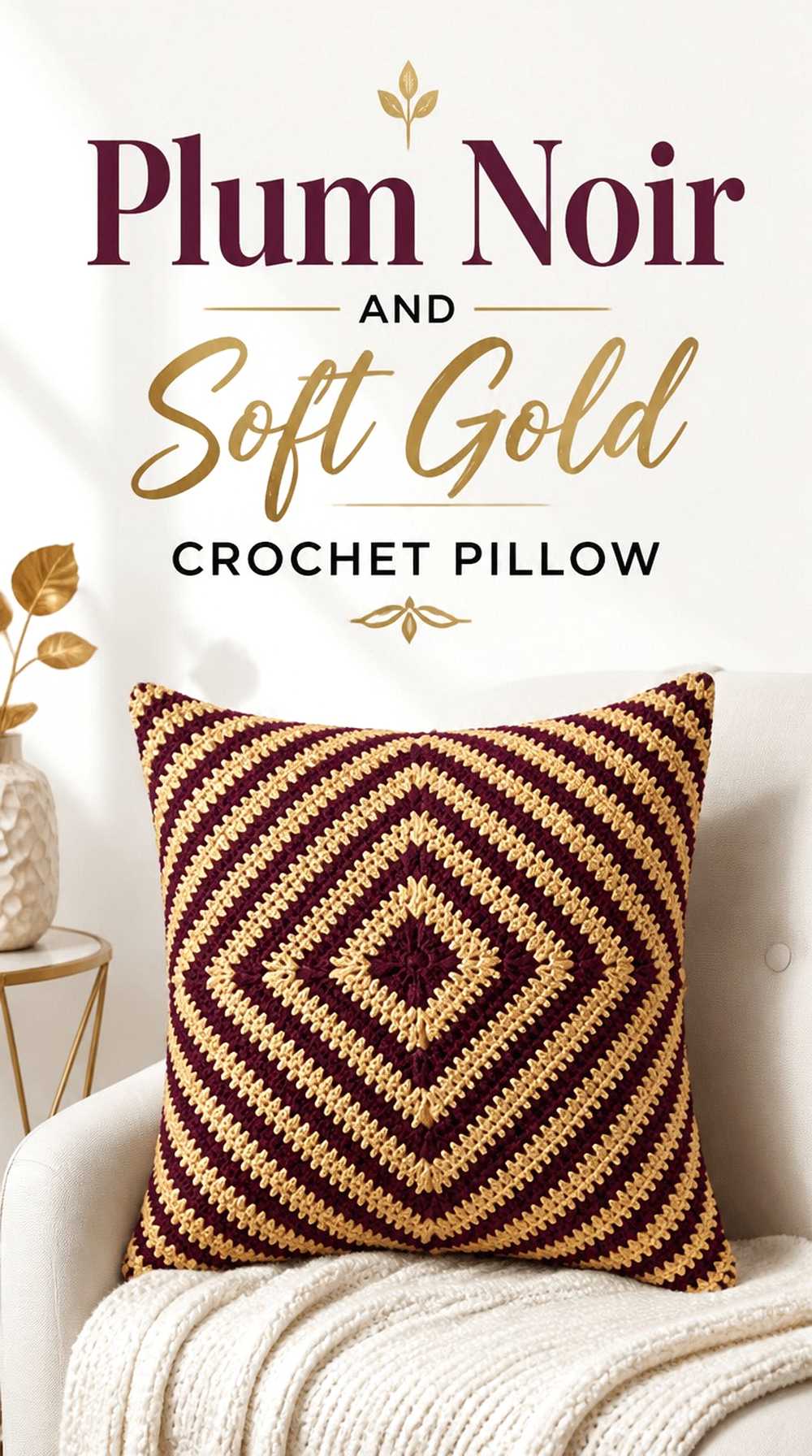 1. Plum Noir And Soft Gold Crochet Pillow