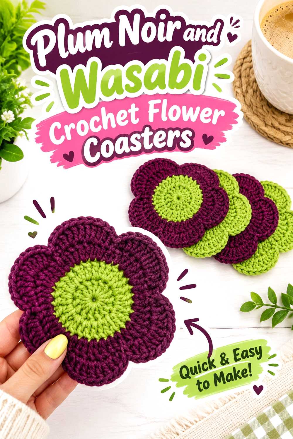 12. Plum Noir And Wasabi Crochet Flower Coasters