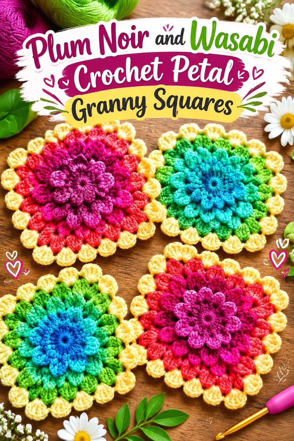 9. Plum Noir And Wasabi Crochet Petal Granny Squares