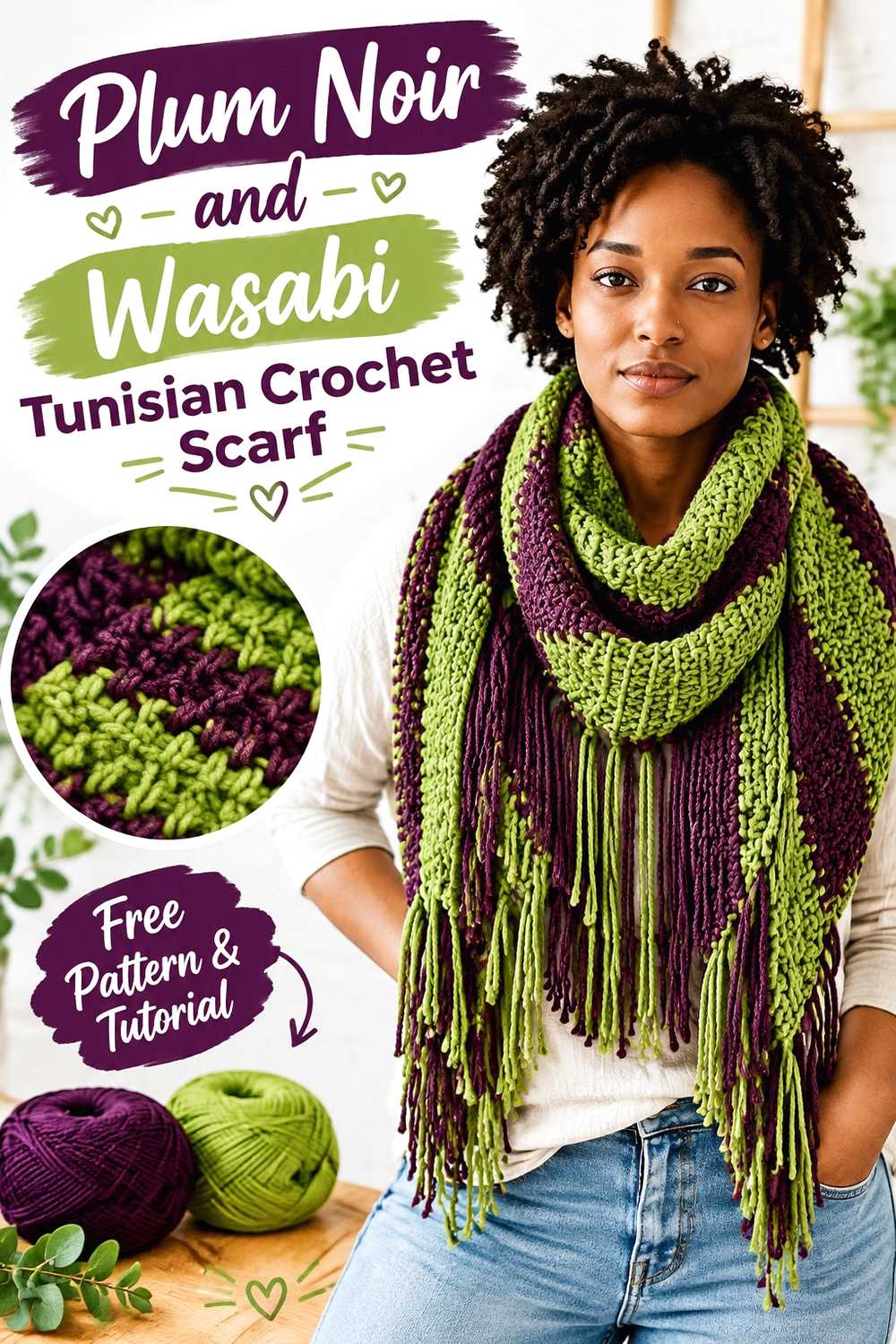 5. Plum Noir And Wasabi Tunisian Crochet Scarf