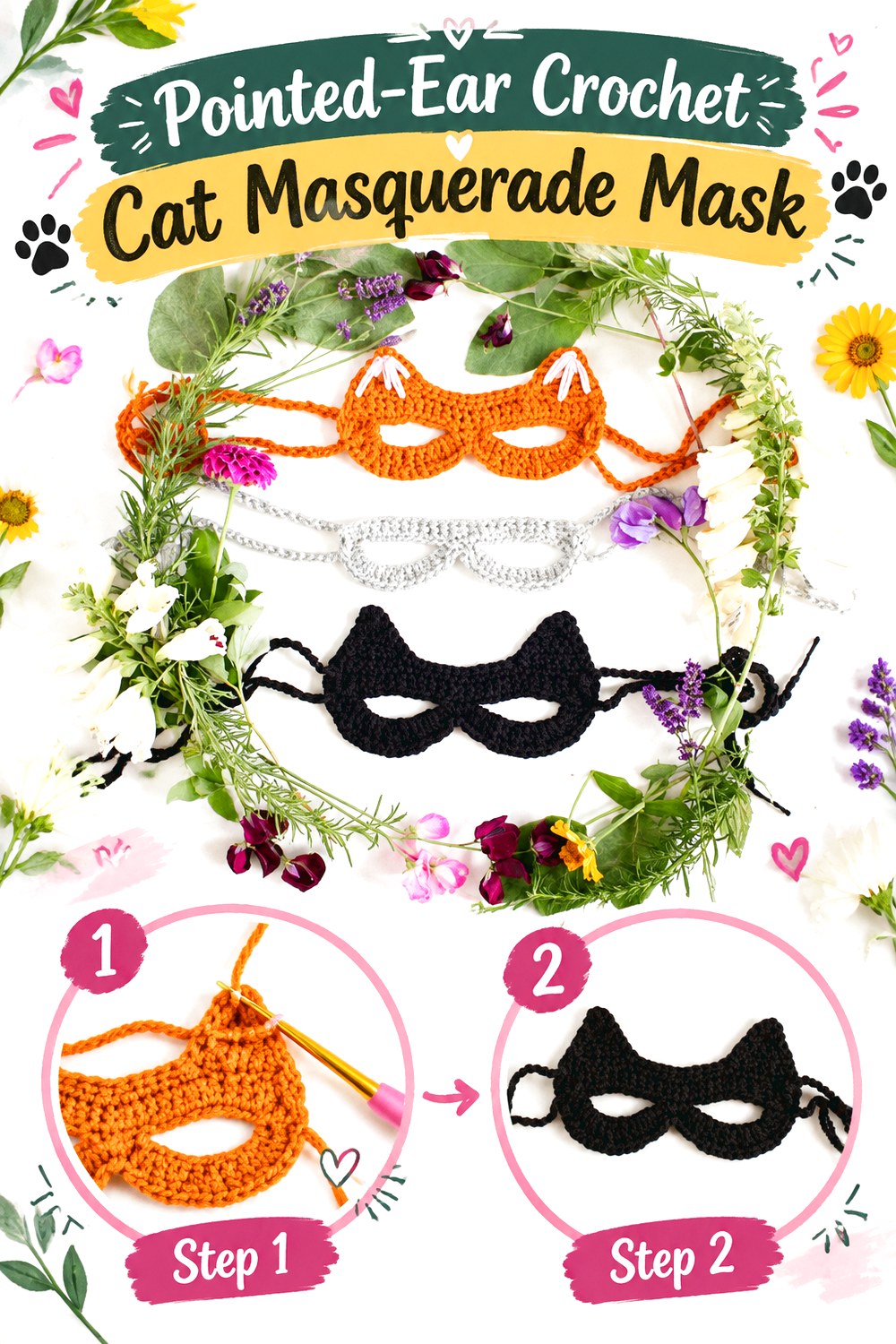 Pointed Ear Crochet Cat Masquerade Mask