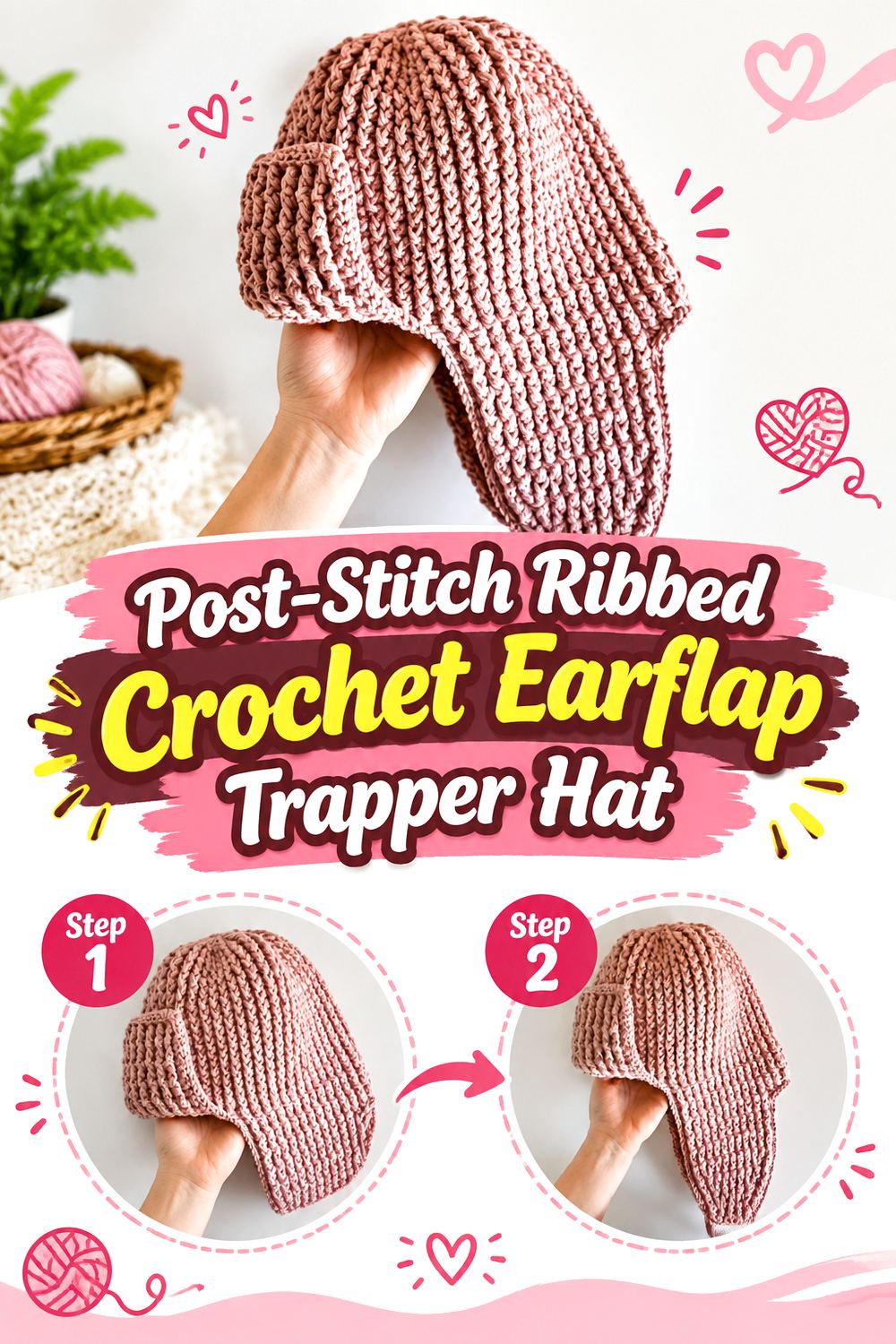 Post Stitch Ribbed Crochet Earflap Trapper Hat