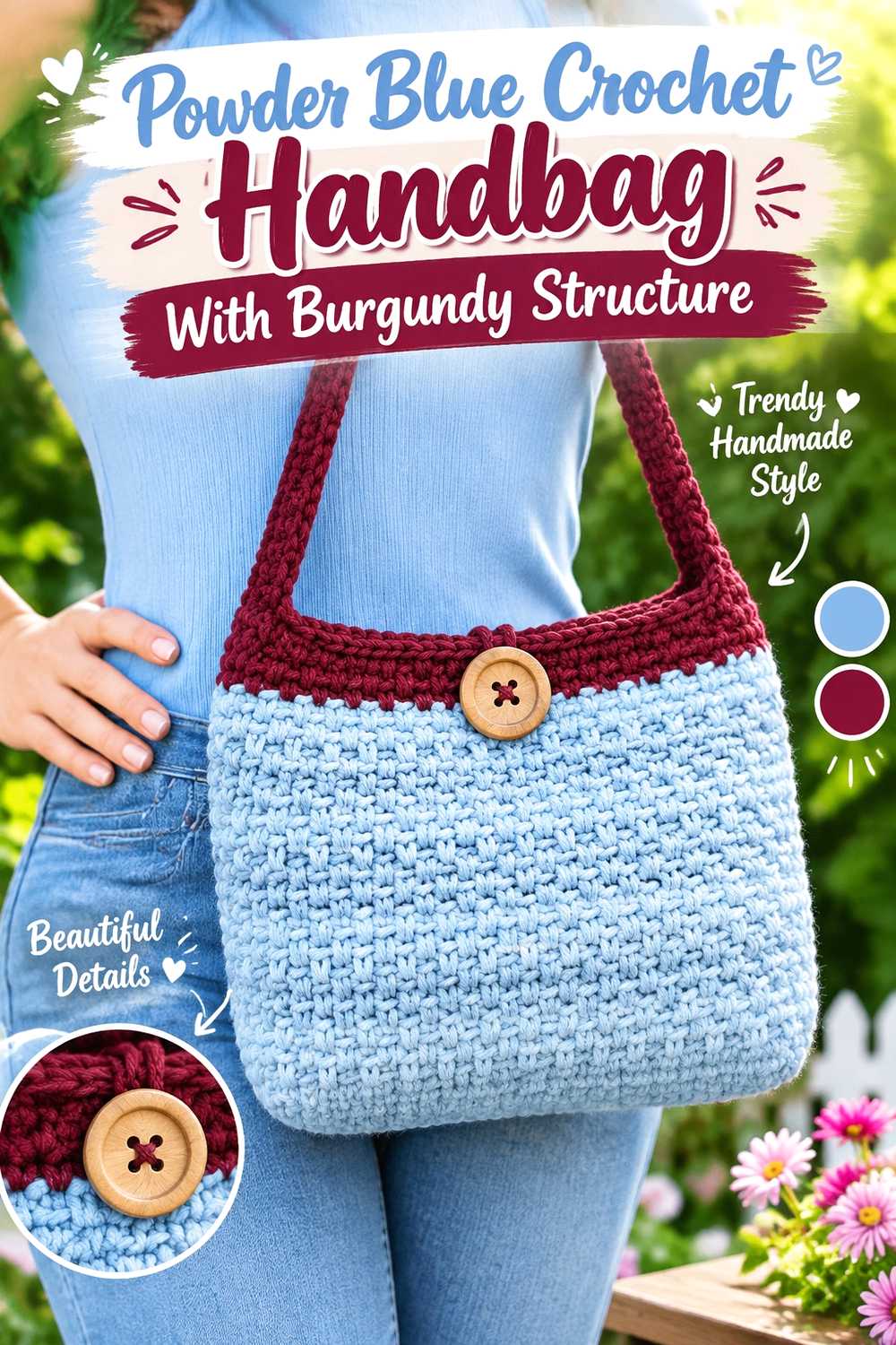 14. Powder Blue Crochet Handbag With Burgundy Structure