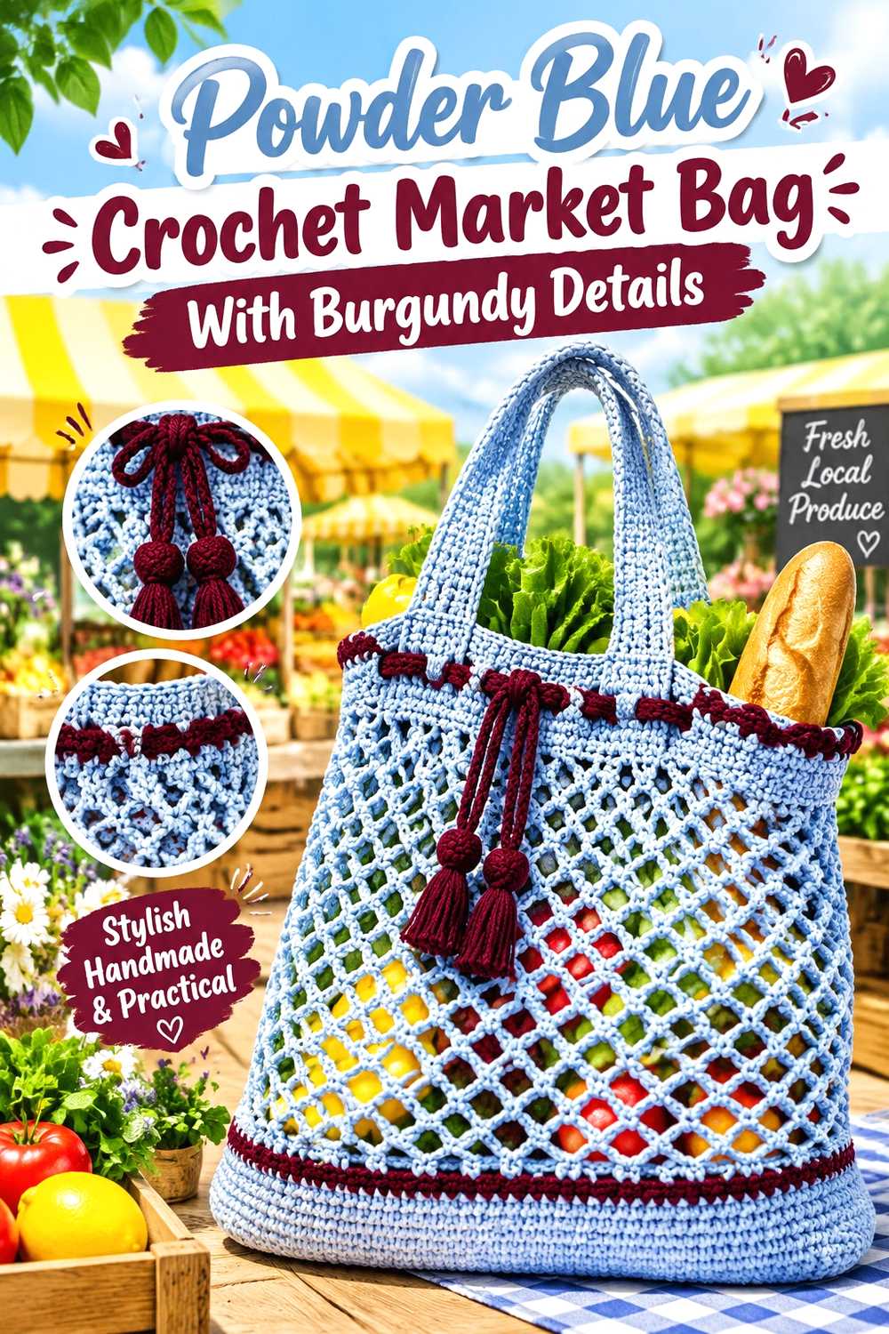 3. Powder Blue Crochet Market Bag With Burgundy Details