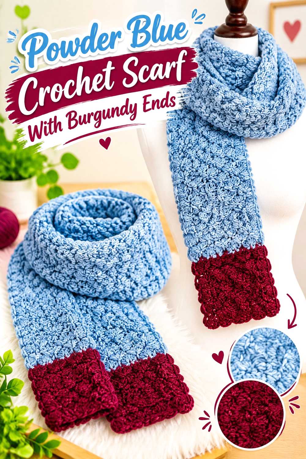 9. Powder Blue Crochet Scarf With Burgundy Ends