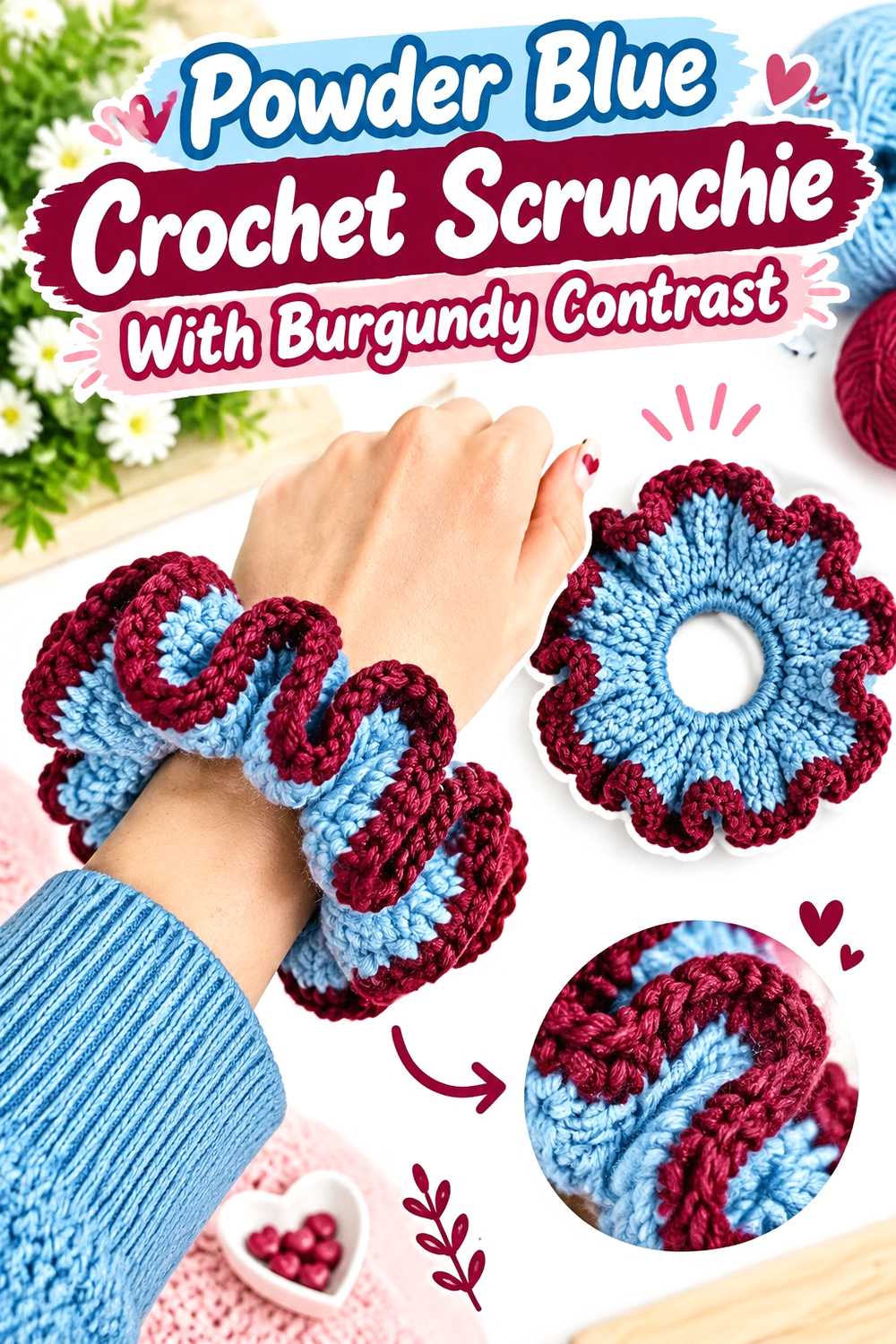 7. Powder Blue Crochet Scrunchie With Burgundy Contrast