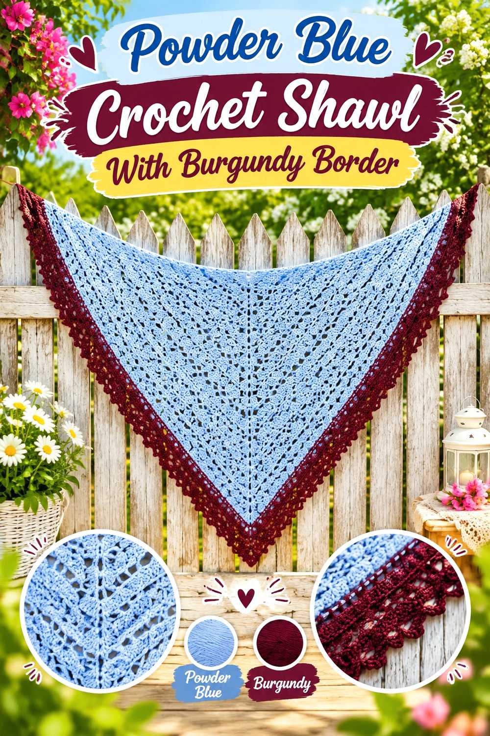 11. Powder Blue Crochet Shawl With Burgundy Border