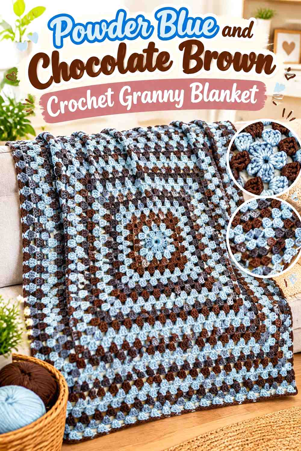 4. Powder Blue And Chocolate Brown Crochet Granny Blanket