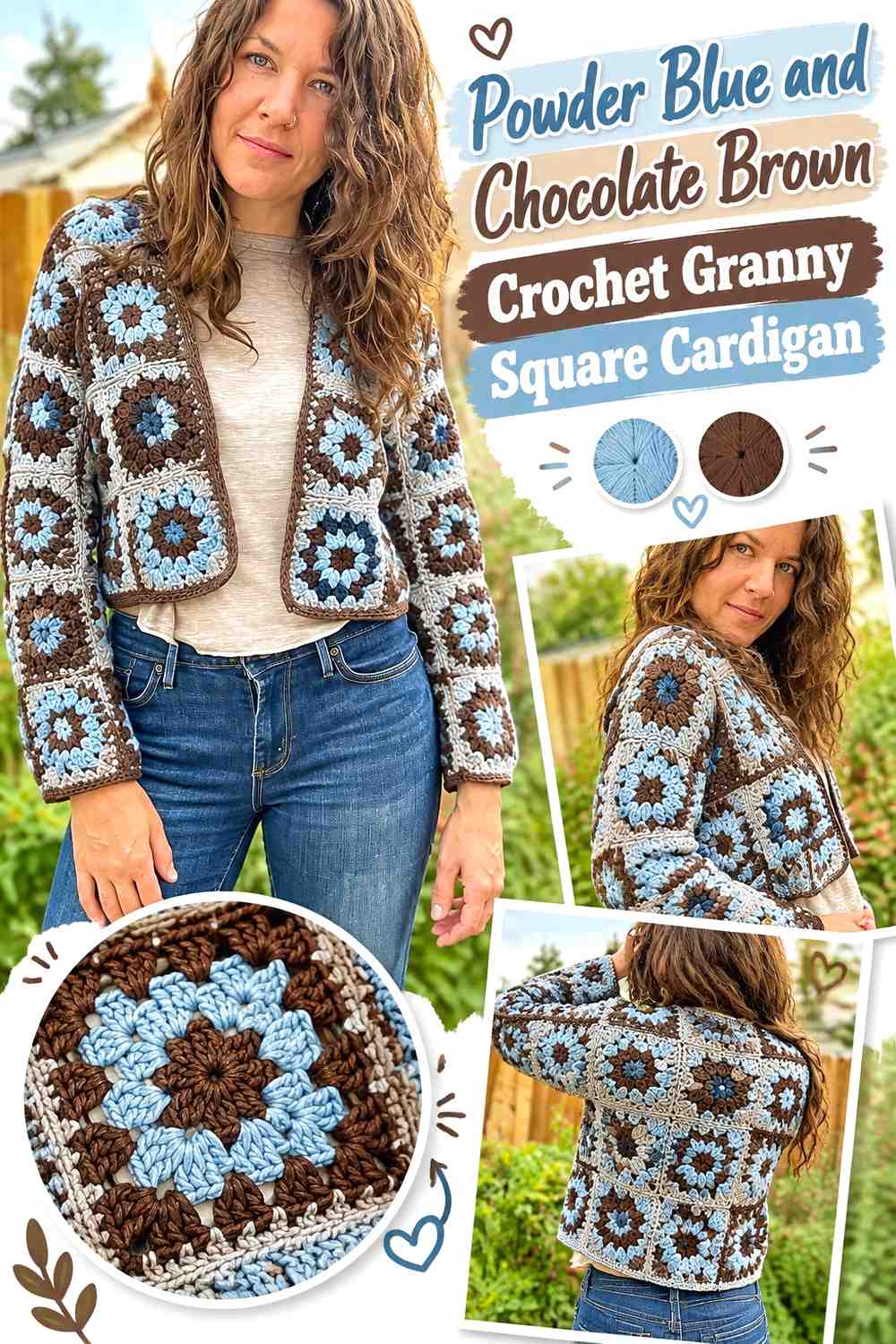 2. Powder Blue And Chocolate Brown Crochet Granny Square Cardigan